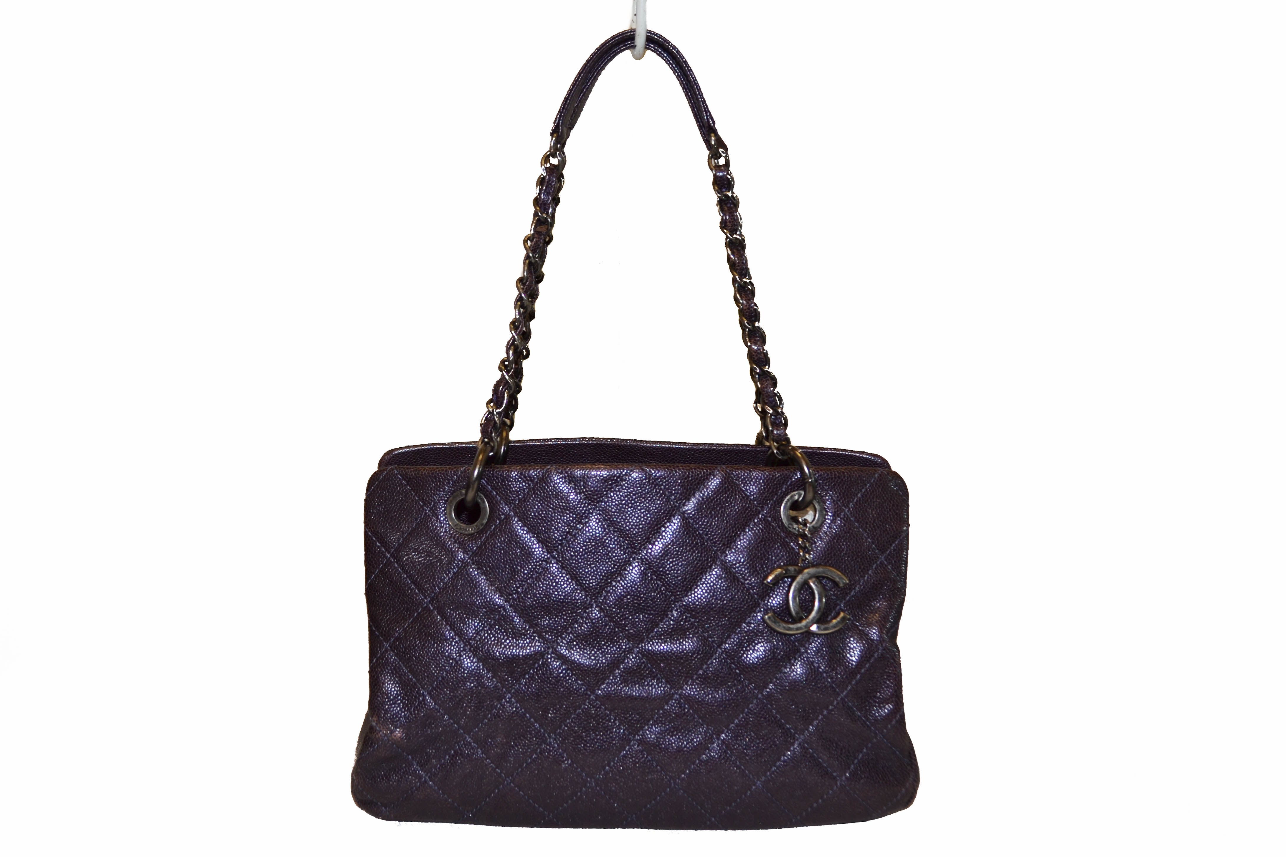 Authentic Chanel Quilted Caviar Leather Metallic Purple Shoulder Bag