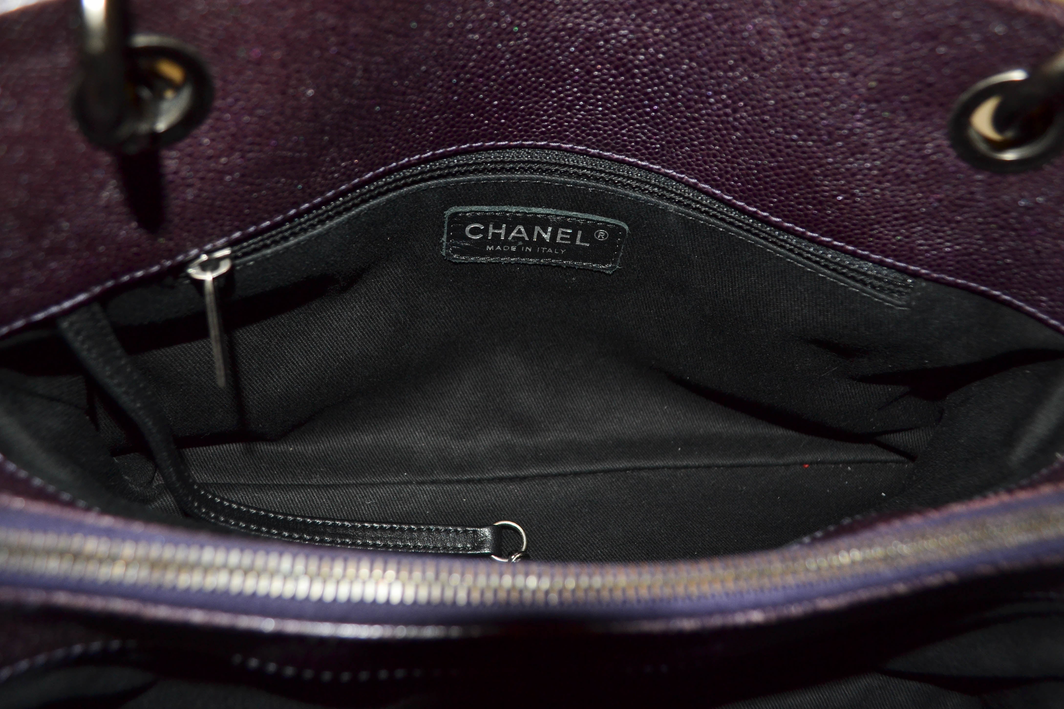 Authentic Chanel Quilted Caviar Leather Metallic Purple Shoulder Bag