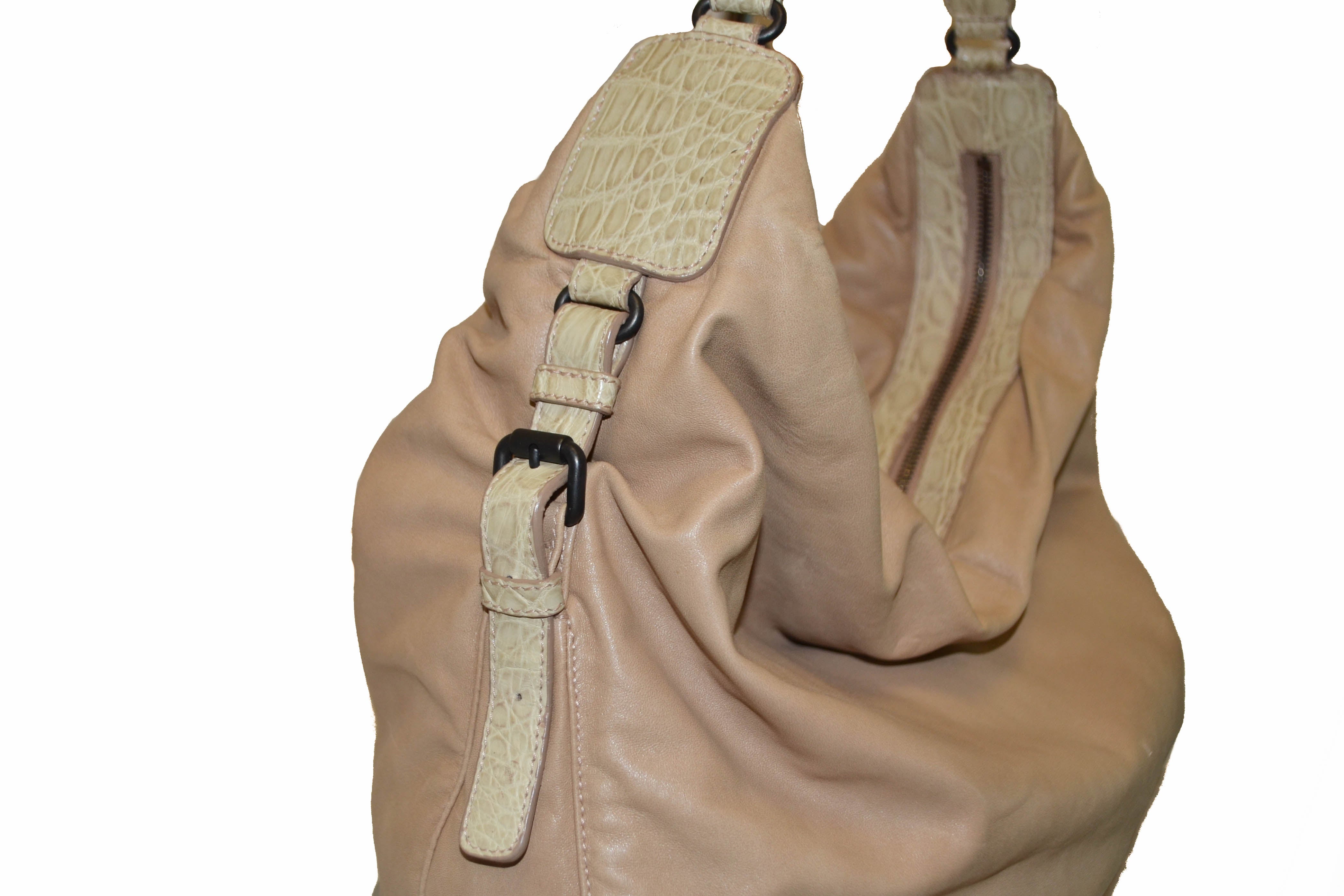 Authentic Bottega Veneta Beige Lambskin Leather Shoulder Bag