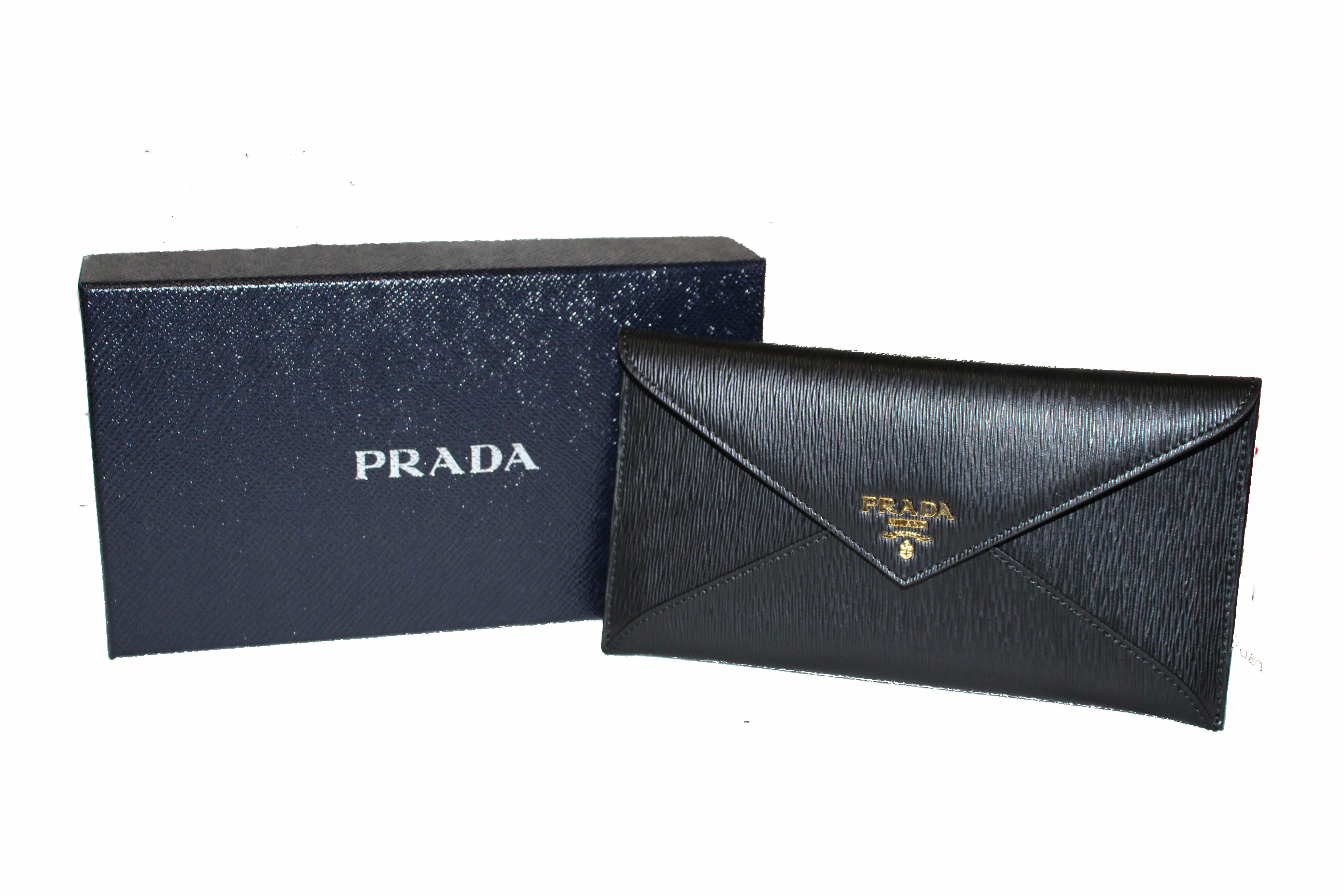 Authentic New Prada Saffiano Black Envelope Long Wallet