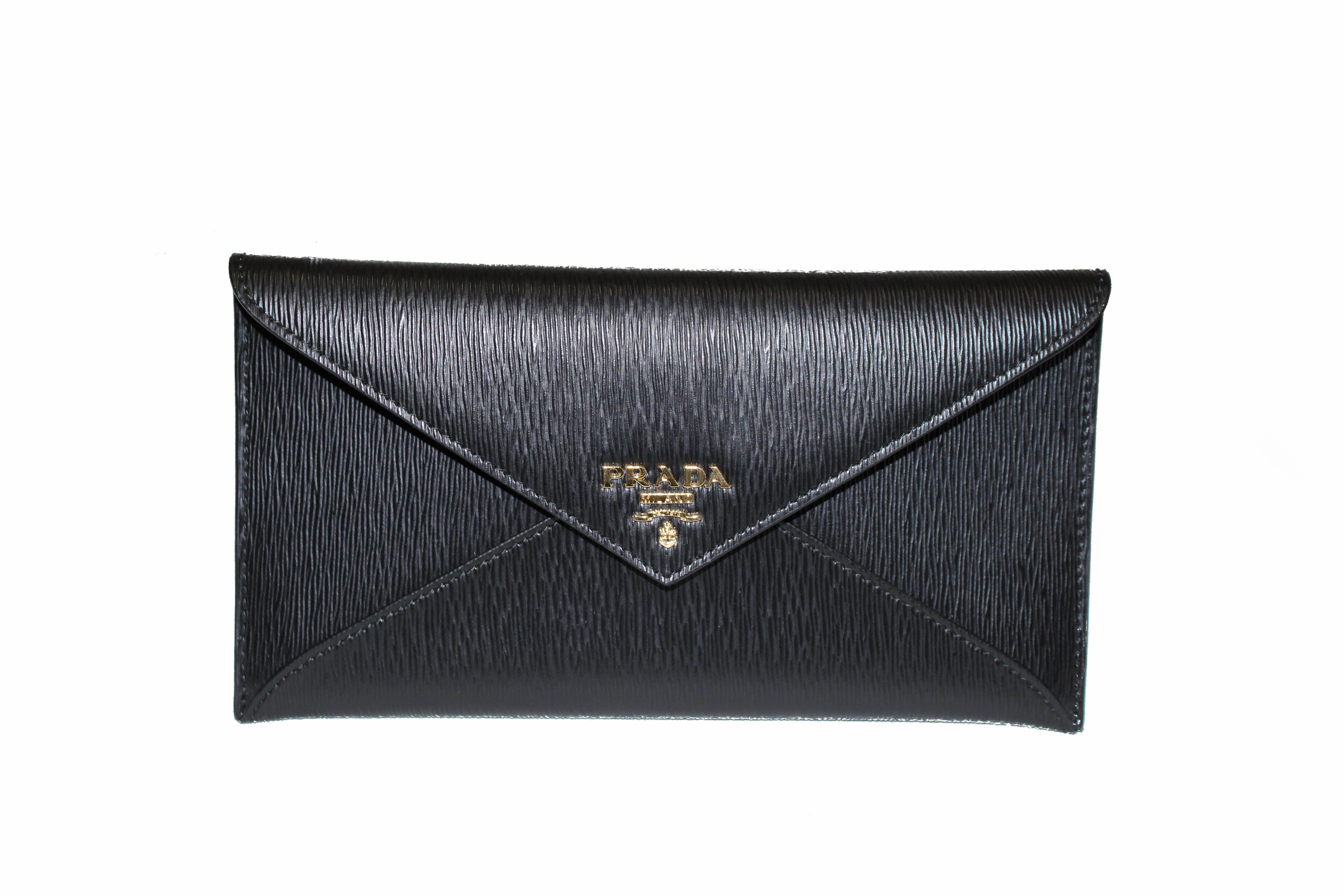 Authentic New Prada Saffiano Black Envelope Long Wallet