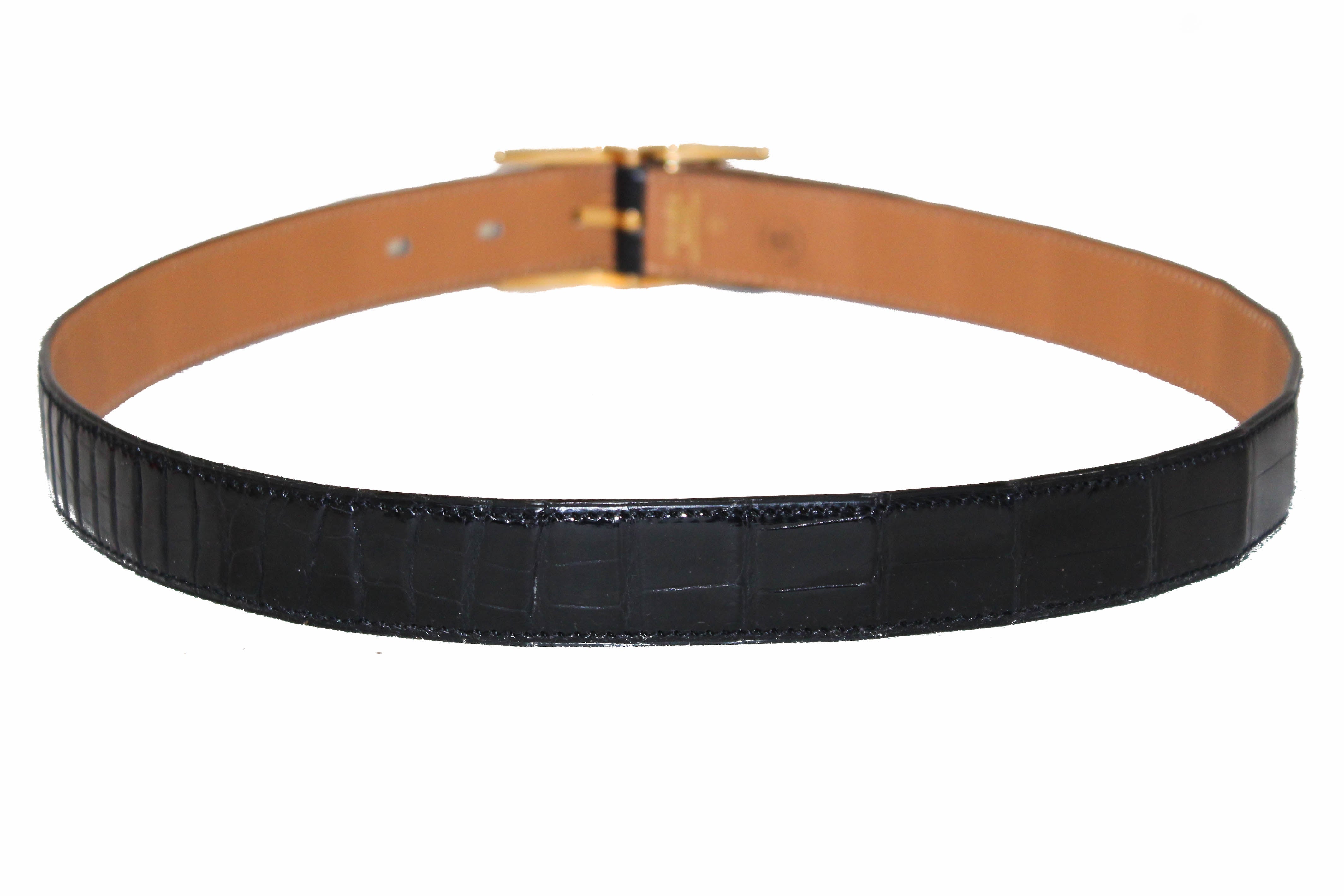 Authentic Hermes Reversible Black Crocodile Embossed/Brown Quentin Calfskin Leather Belt