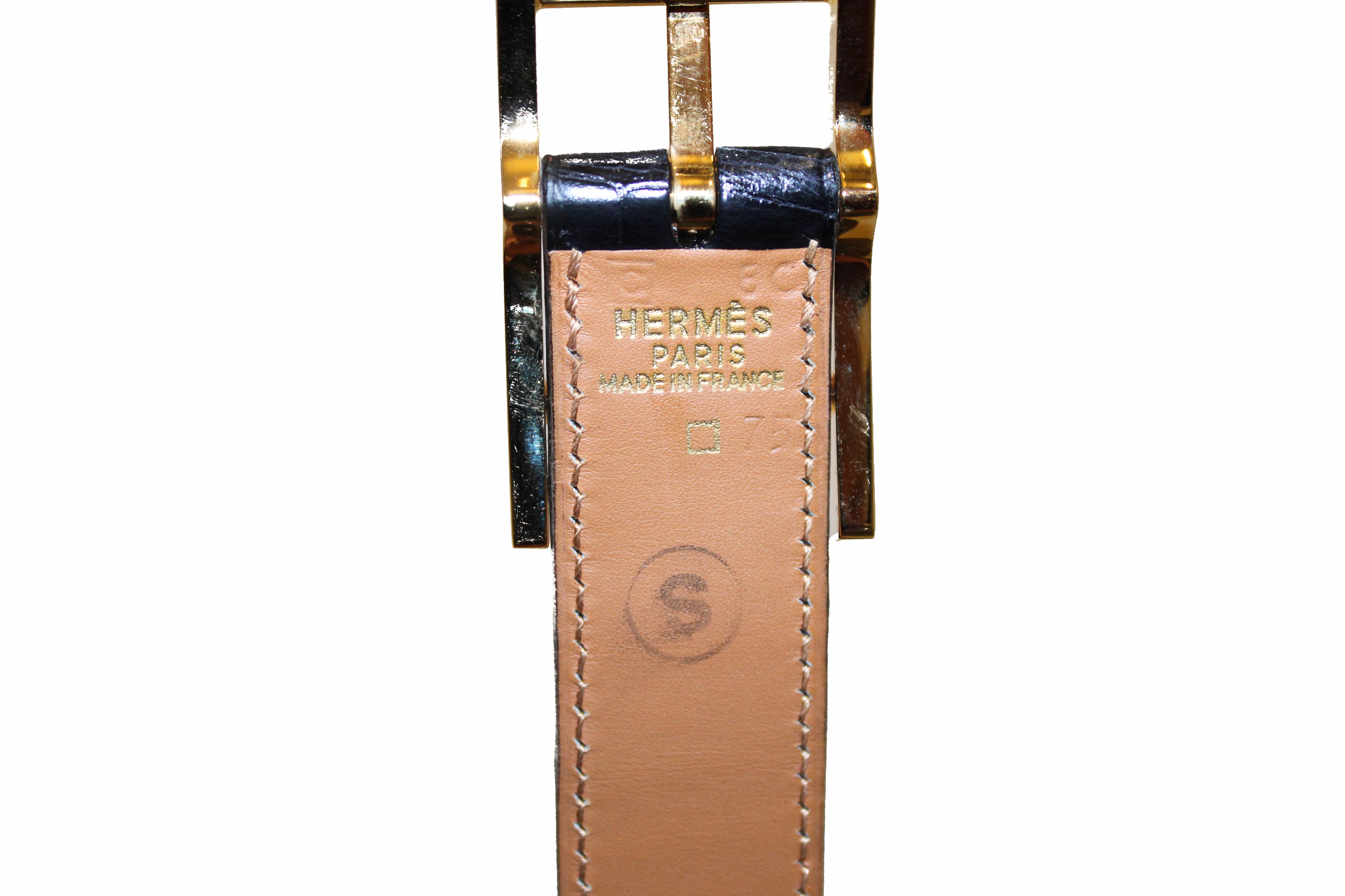 Authentic Hermes Reversible Black Crocodile Embossed/Brown Quentin Calfskin Leather Belt