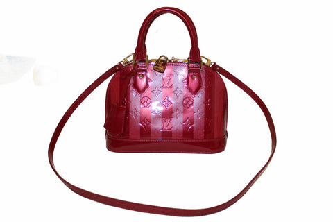Authentic Louis Vuitton Vernis Rayures Alma BB Pomme D'Amour Hand/Crossbody Bag