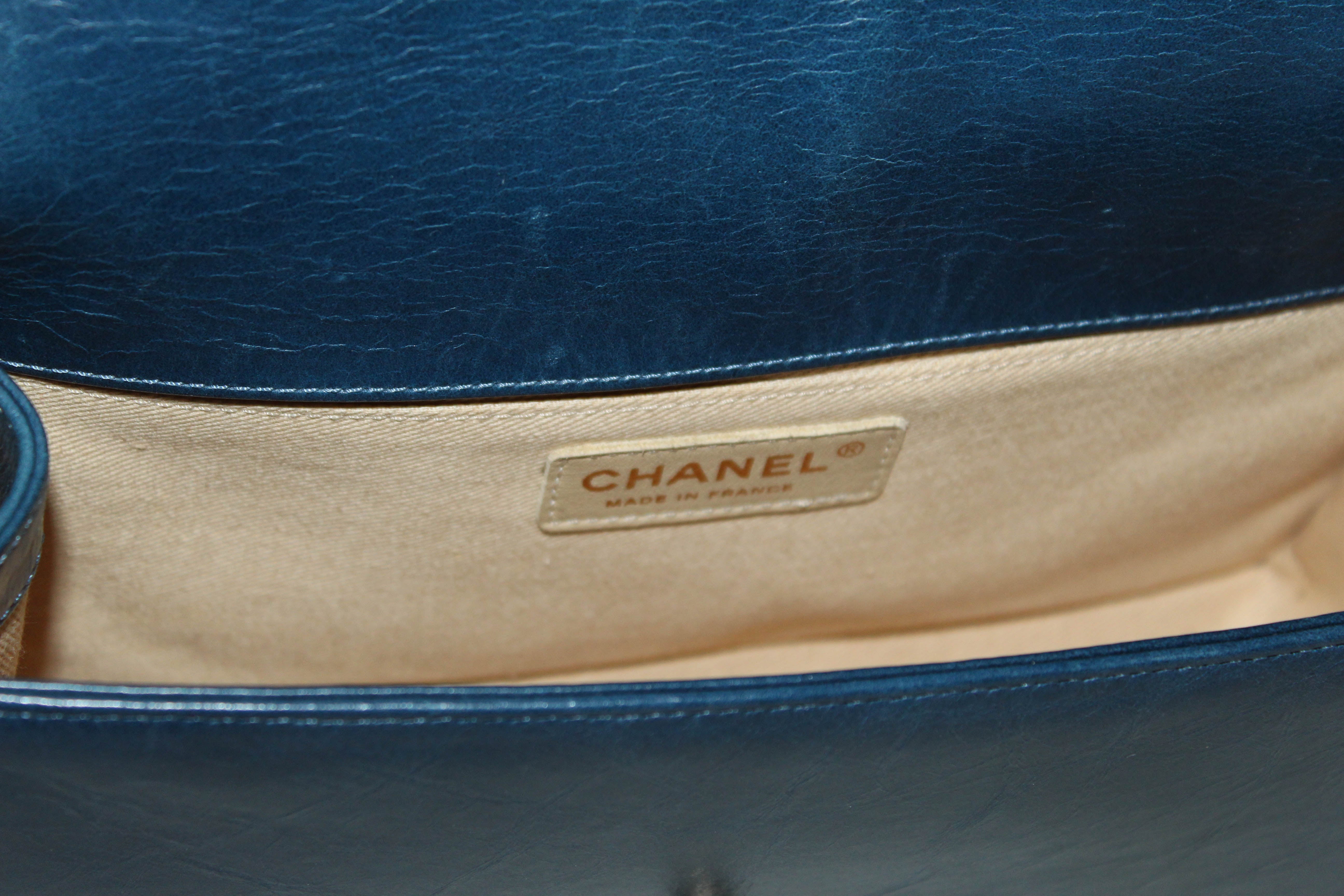 Authentic Chanel Blue Quilted Aged Calfskin Old Medium Boy Shoulder Bag