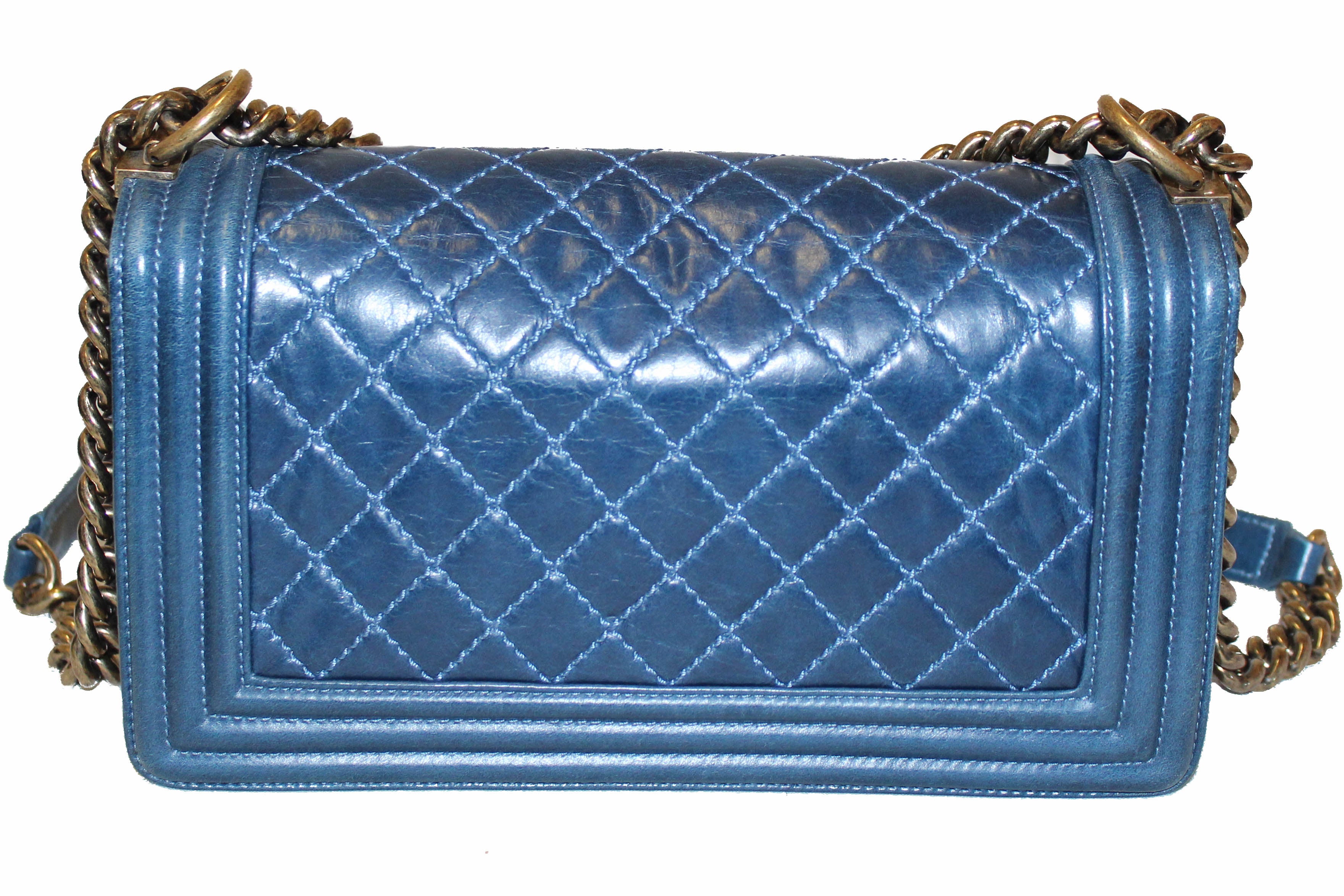Authentic Chanel Blue Quilted Aged Calfskin Old Medium Boy Shoulder Bag