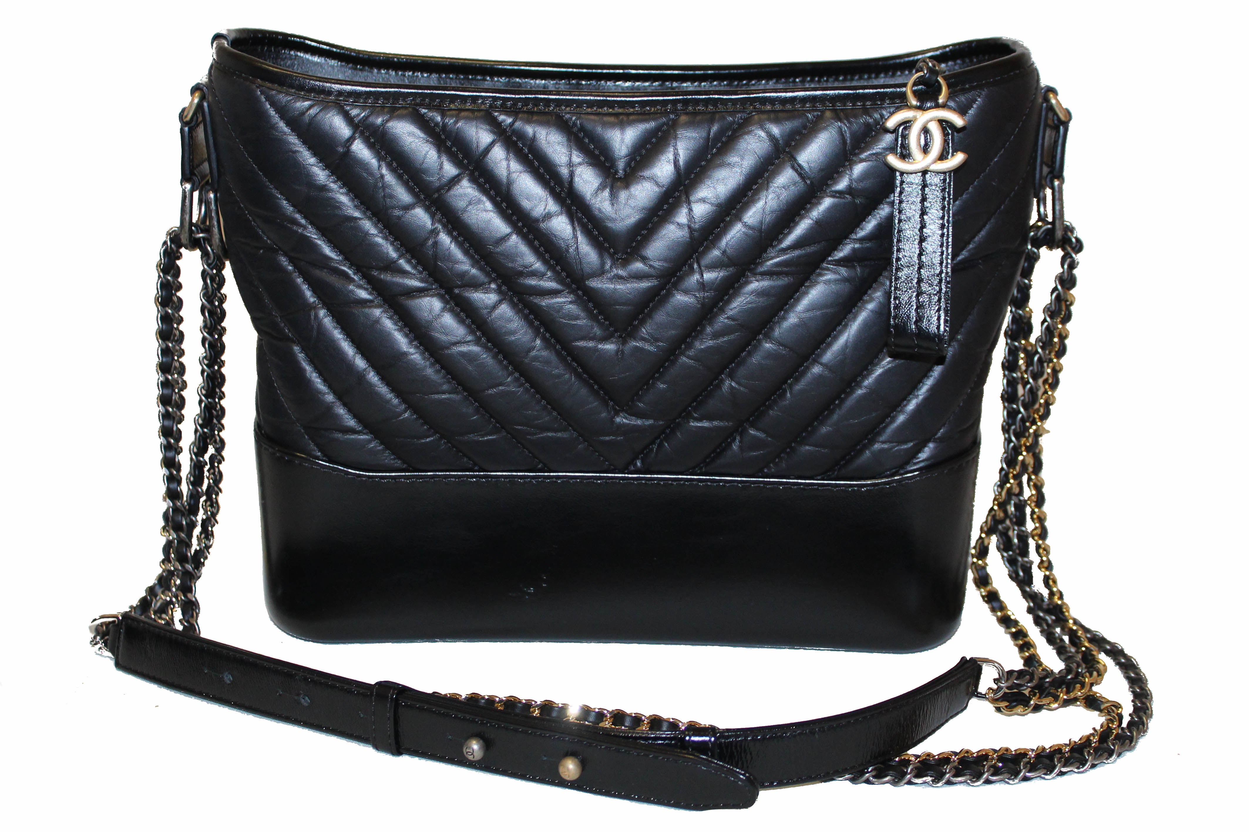 Authentic Chanel Medium Gabrielle Black Chevron Aged Calfskin Leather –  Paris Station Shop