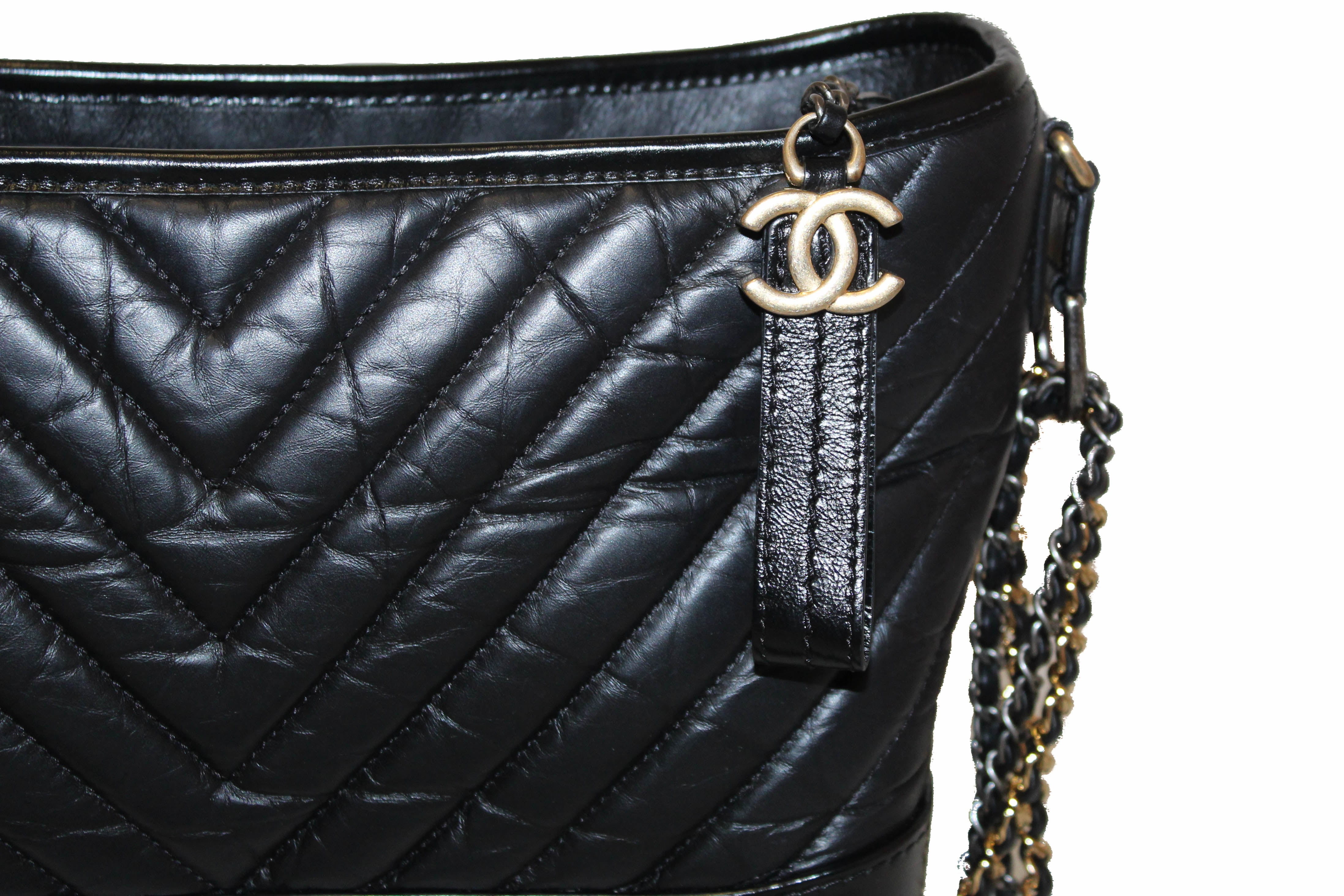 Authentic Chanel Medium Gabrielle Black Chevron Aged Calfskin Leather Hobo Bag