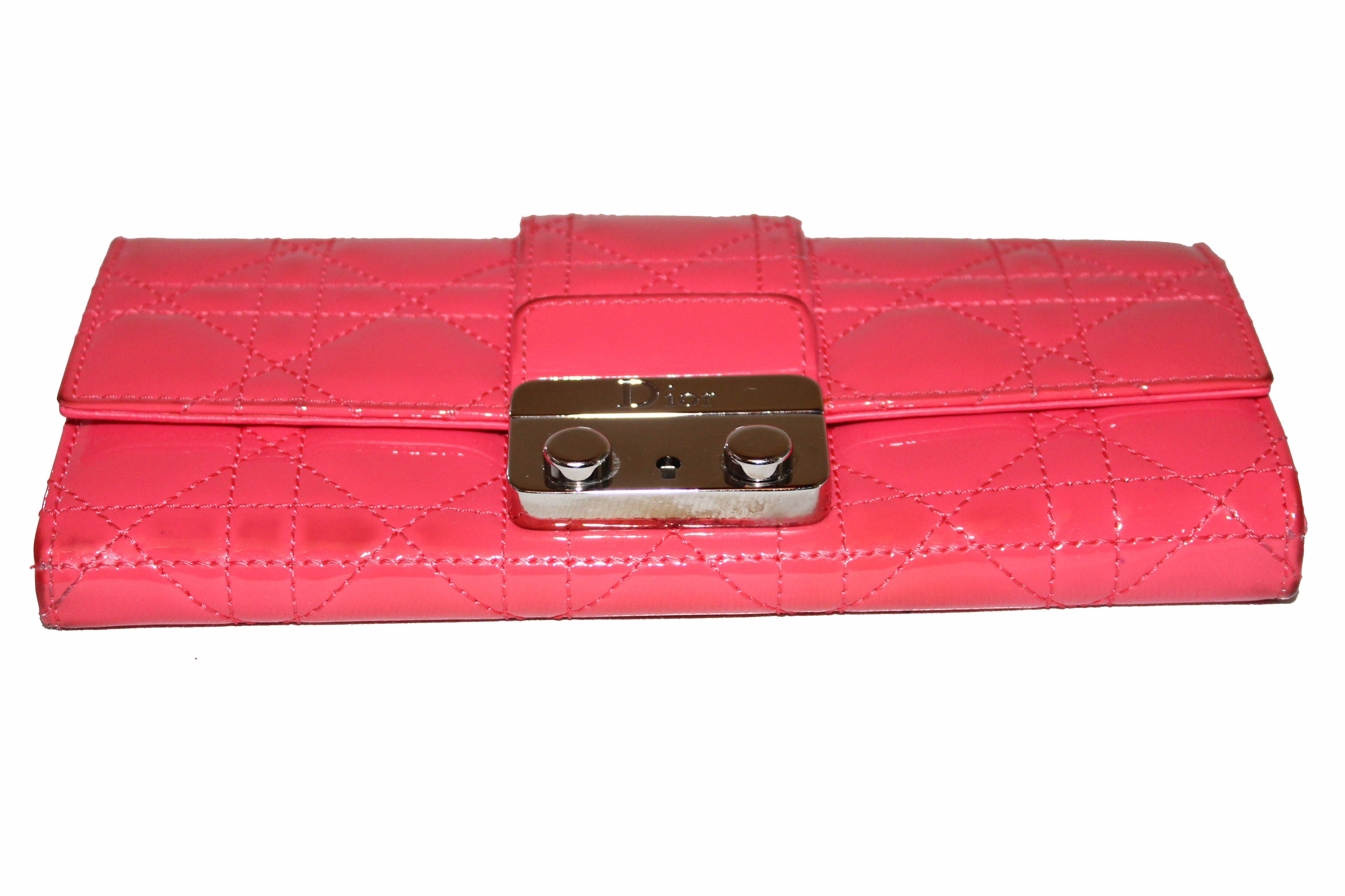 Authentic Christian Dior Coral Red Patent Cannage Miss Dior Rendezvous Wallet