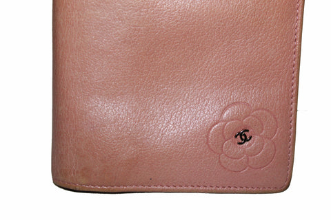 Authentic Chanel Pink Calfskin Leather Flap Camellia Wallet