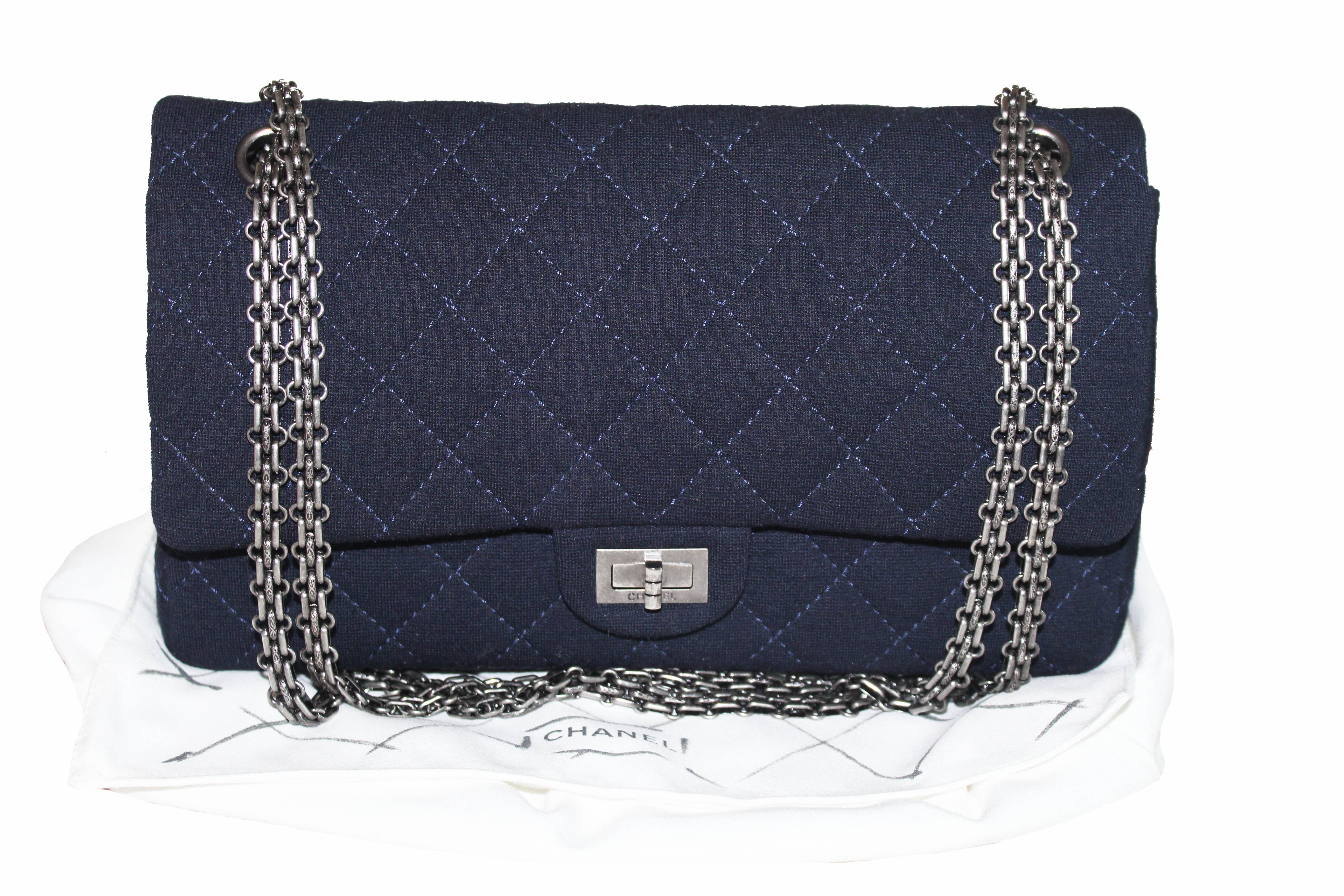 Authentic Chanel Navy Blue Fabric Canvas Jersey Large 2.55 Reissue 226 Shoulder Bag
