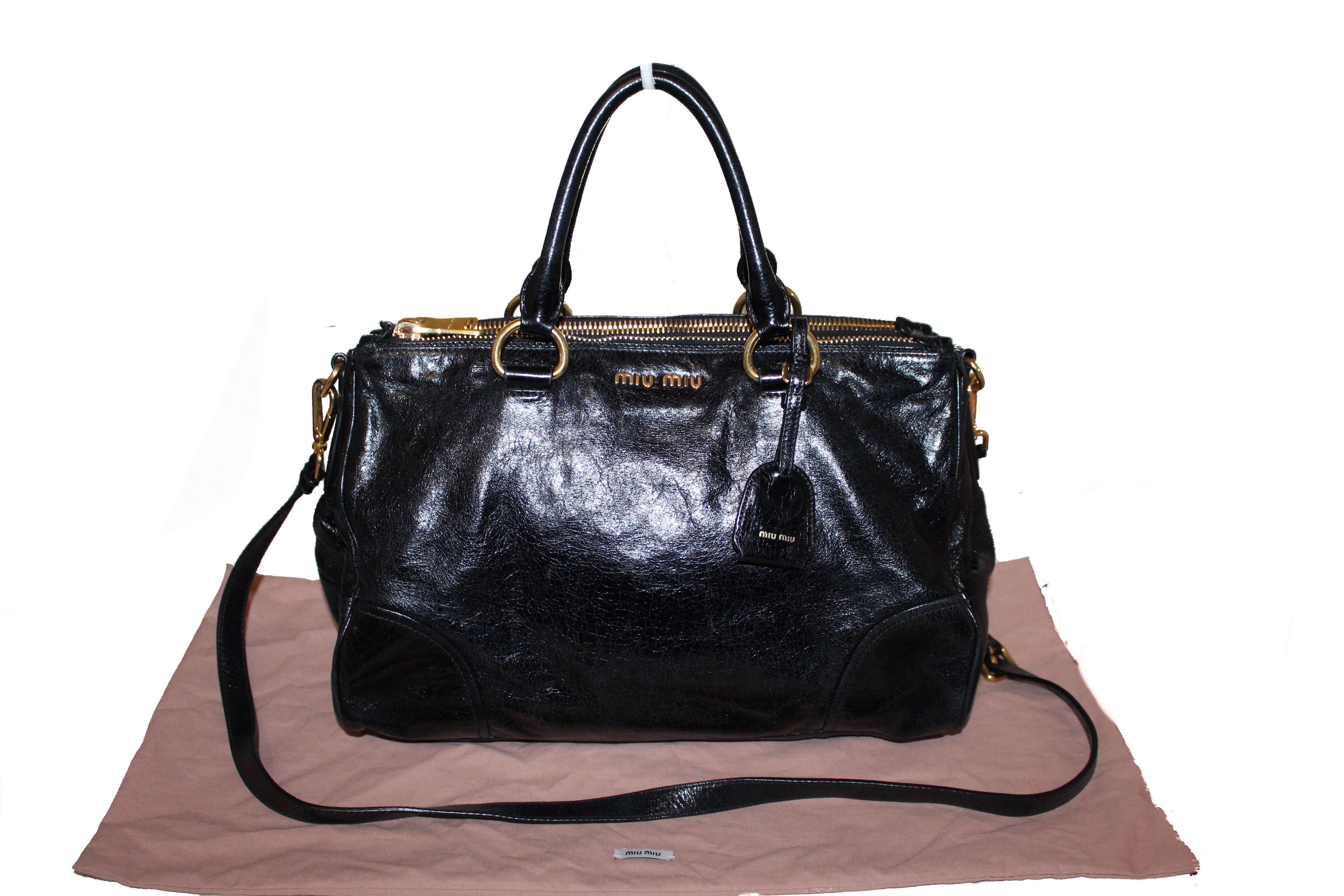 Authentic Miu Miu Cipria Vitello Shine Trapu Leather Hand Bag/Shoulder Bag