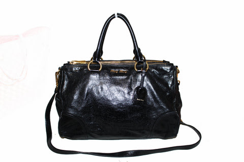 Authentic Miu Miu Black Vitello Shine Leather Hand/Shoulder Bag