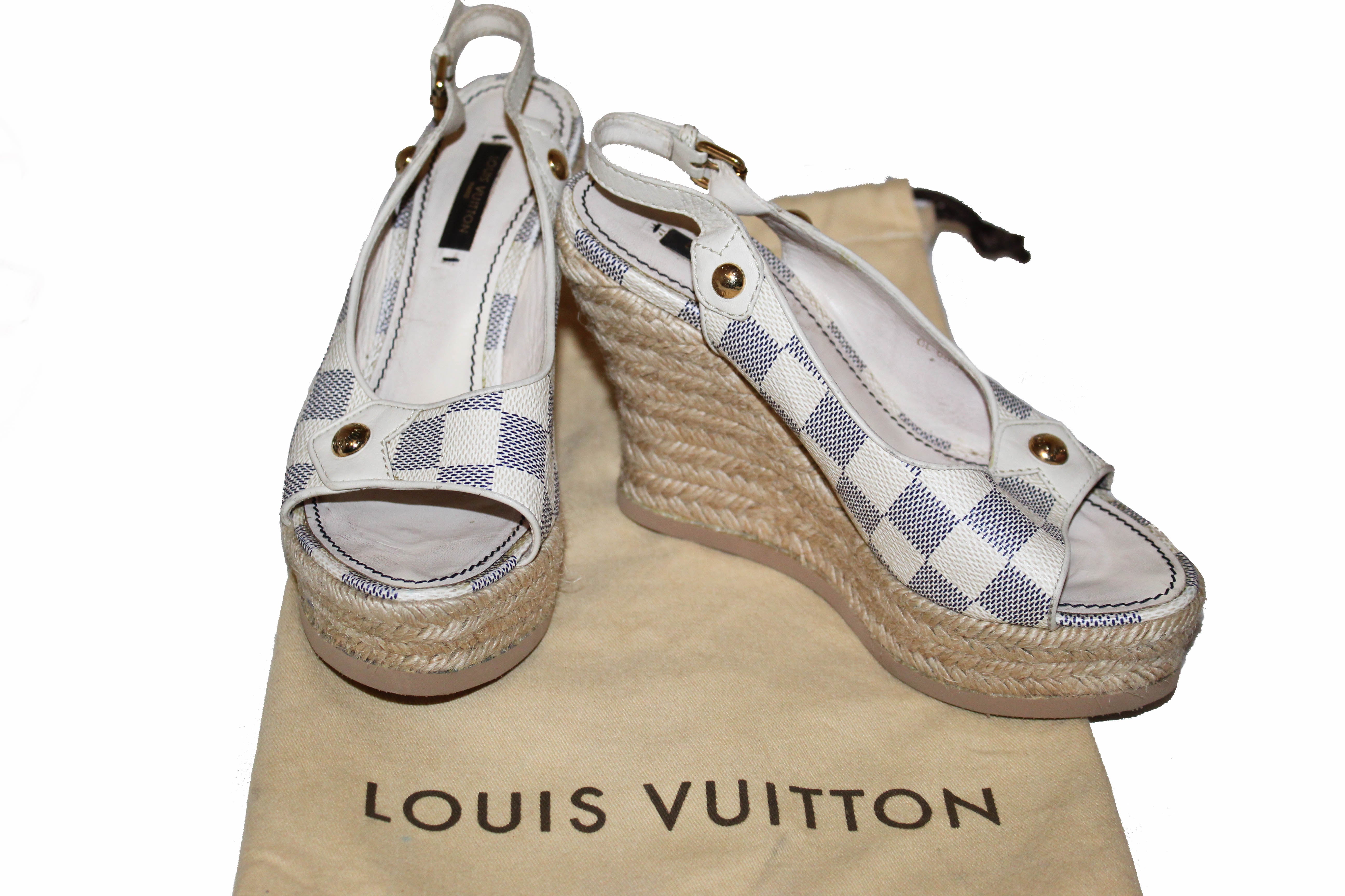USED Louis Vuitton Damier Azur Espadrille Wedge Heel Size 35 AUTHENTIC