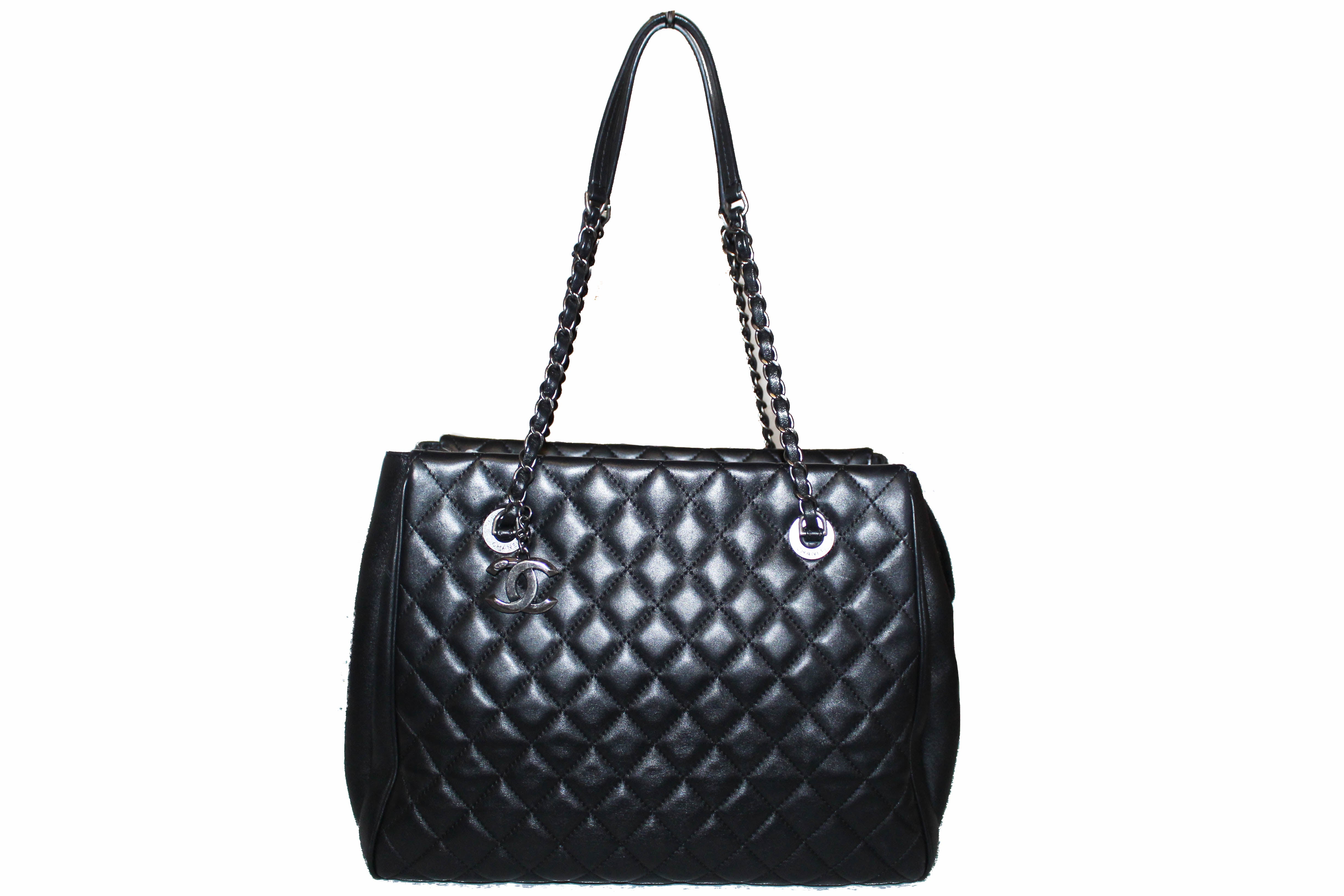 Authentic Chanel Black Quilted Lambskin Leather Tote Bag