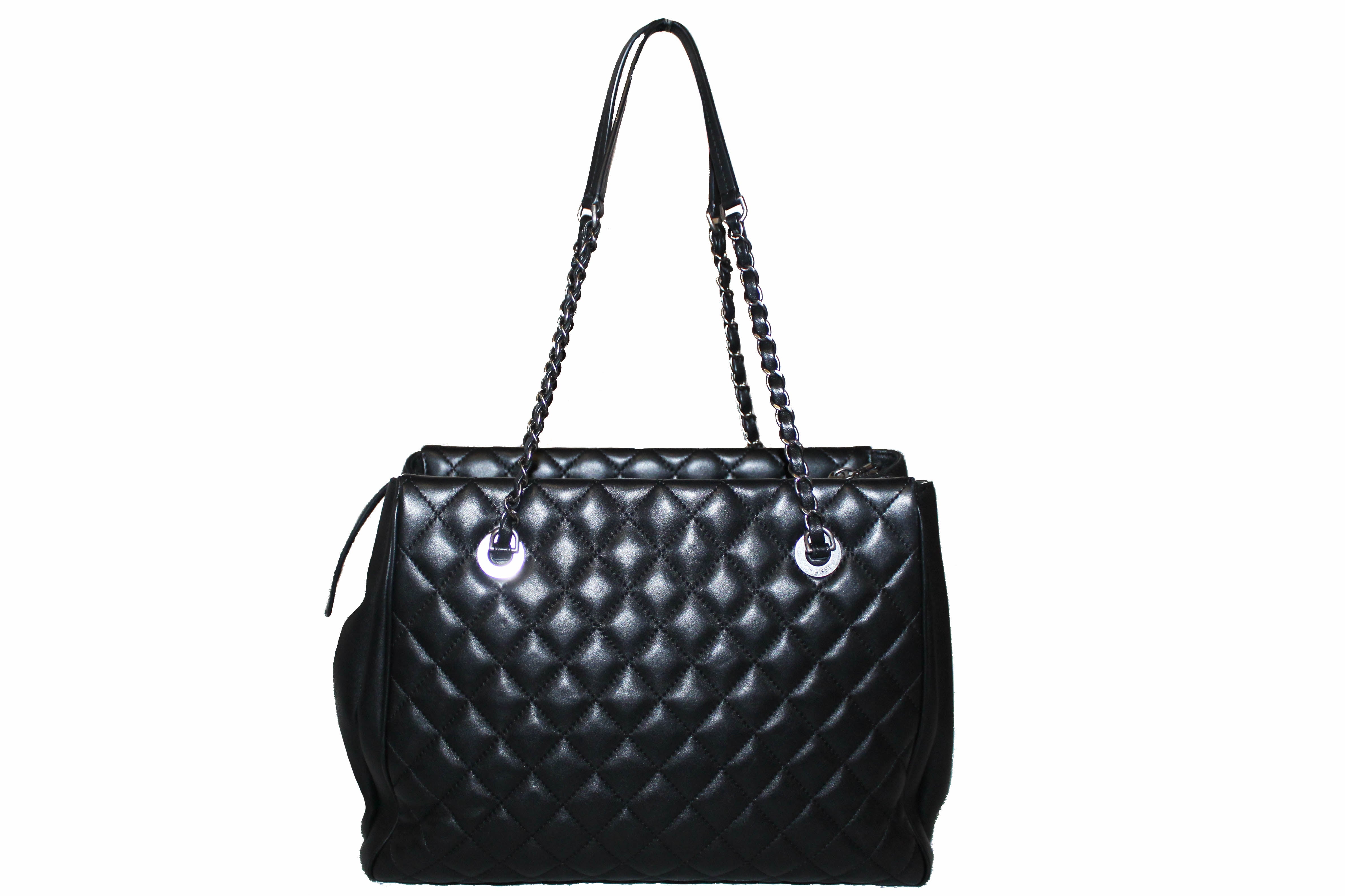 Authentic Chanel Black Quilted Lambskin Leather Tote Bag