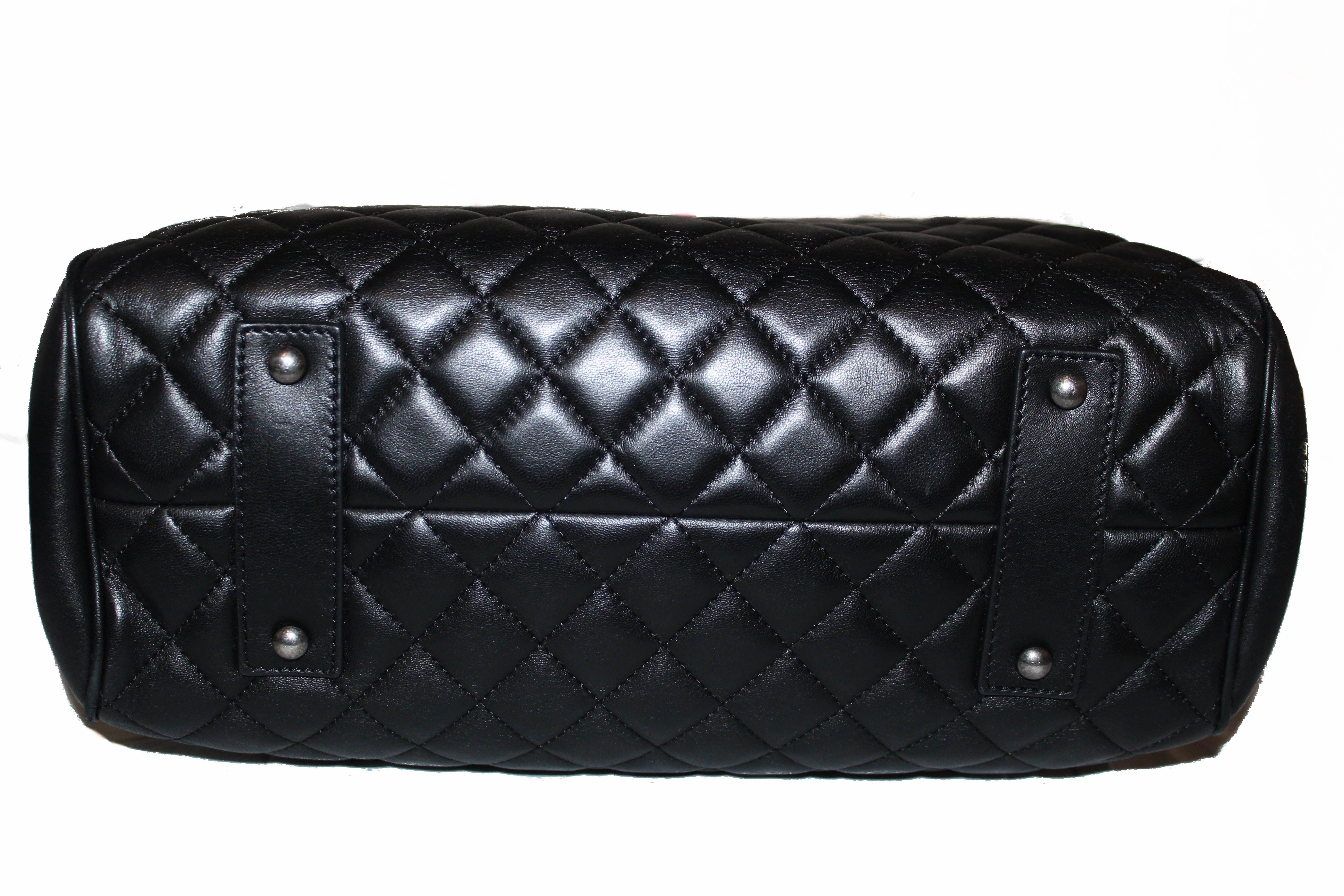 Authentic Chanel Black Quilted Lambskin Leather Tote Bag