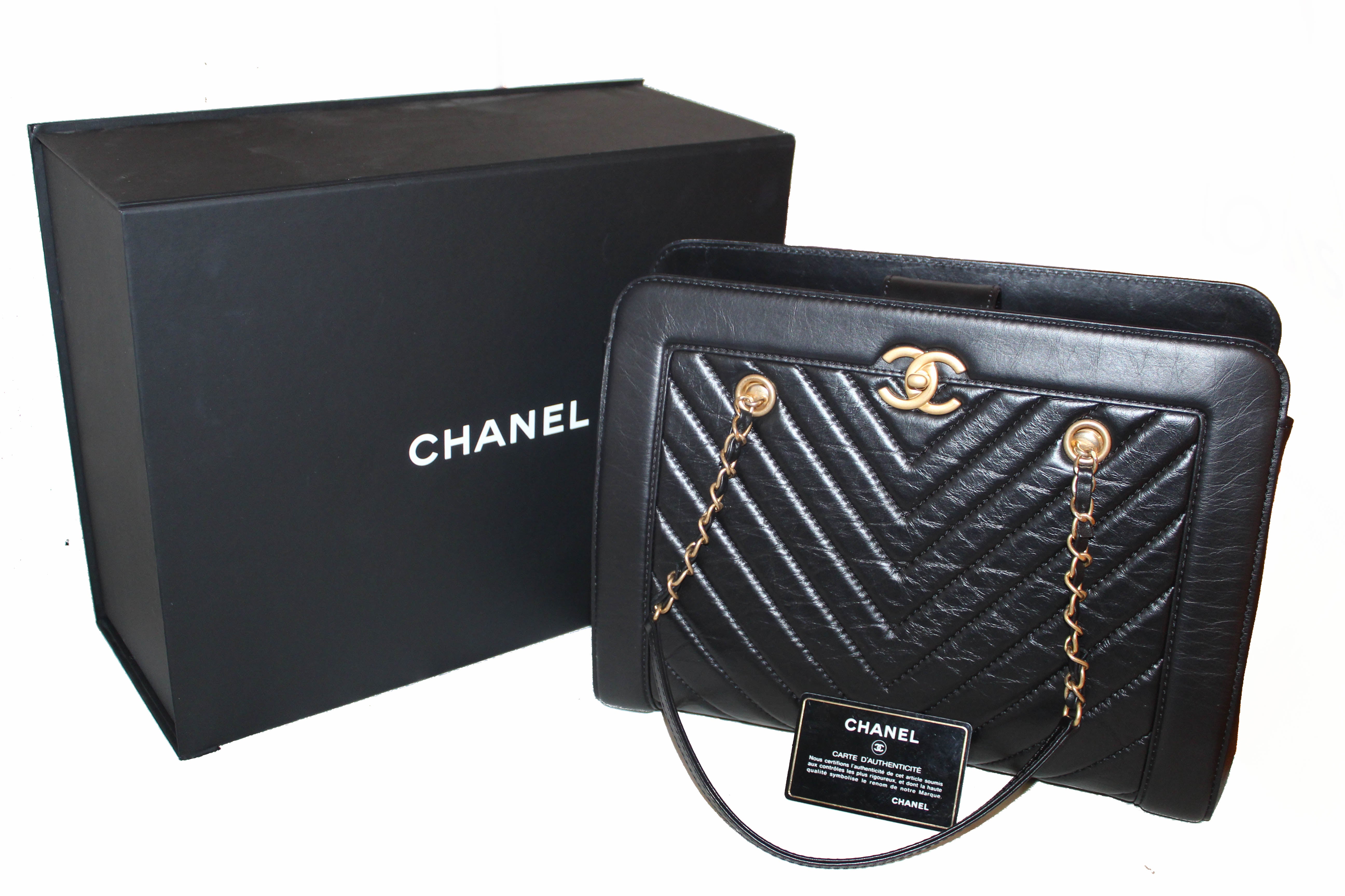 Authentic Chanel Chevron Quilted Black Vintage Calfskin Shopping Tote