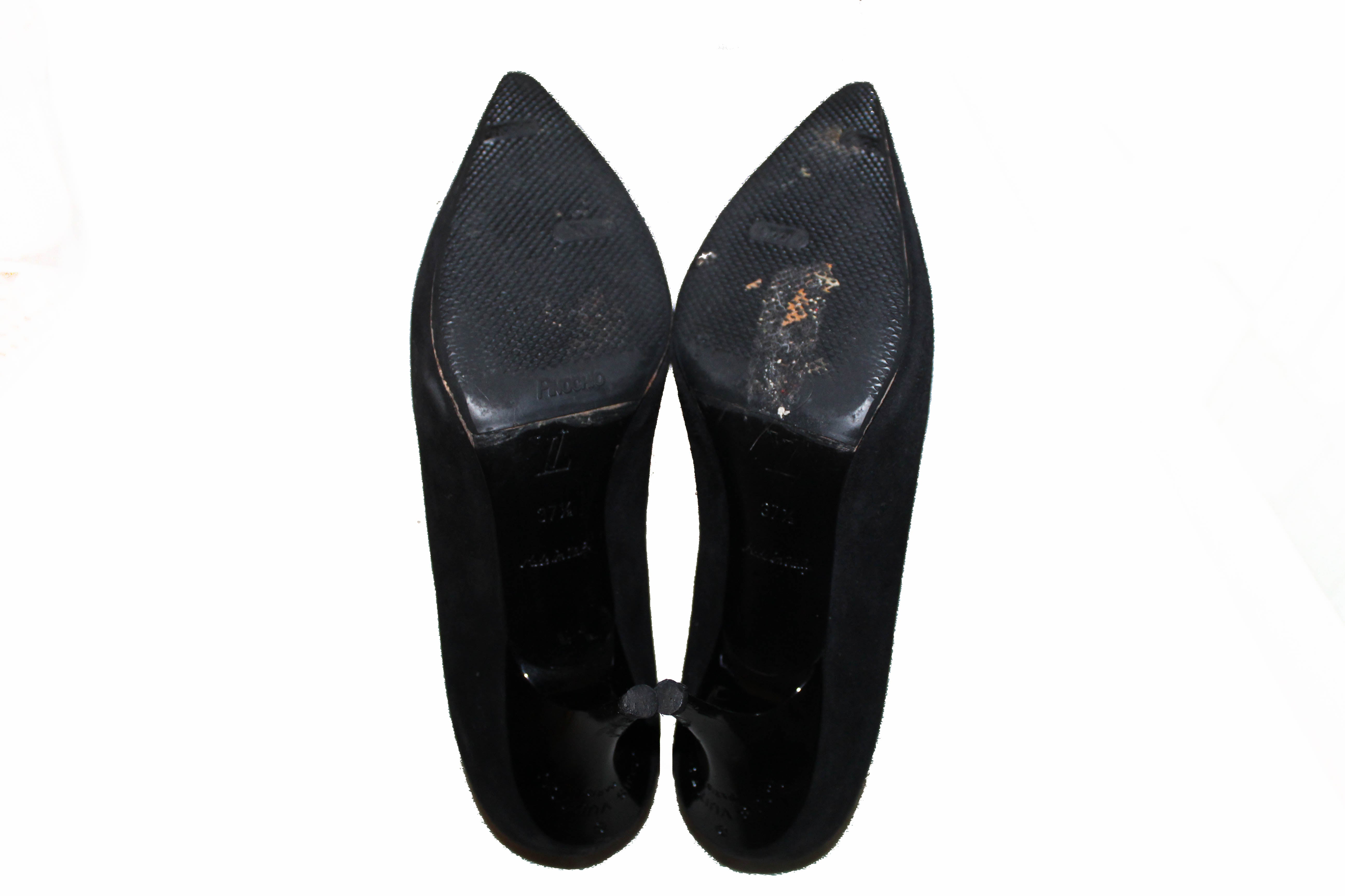 Authentic Louis Vuitton Black Suede Leather Bow Pointed Toe Pumps Size 37.5