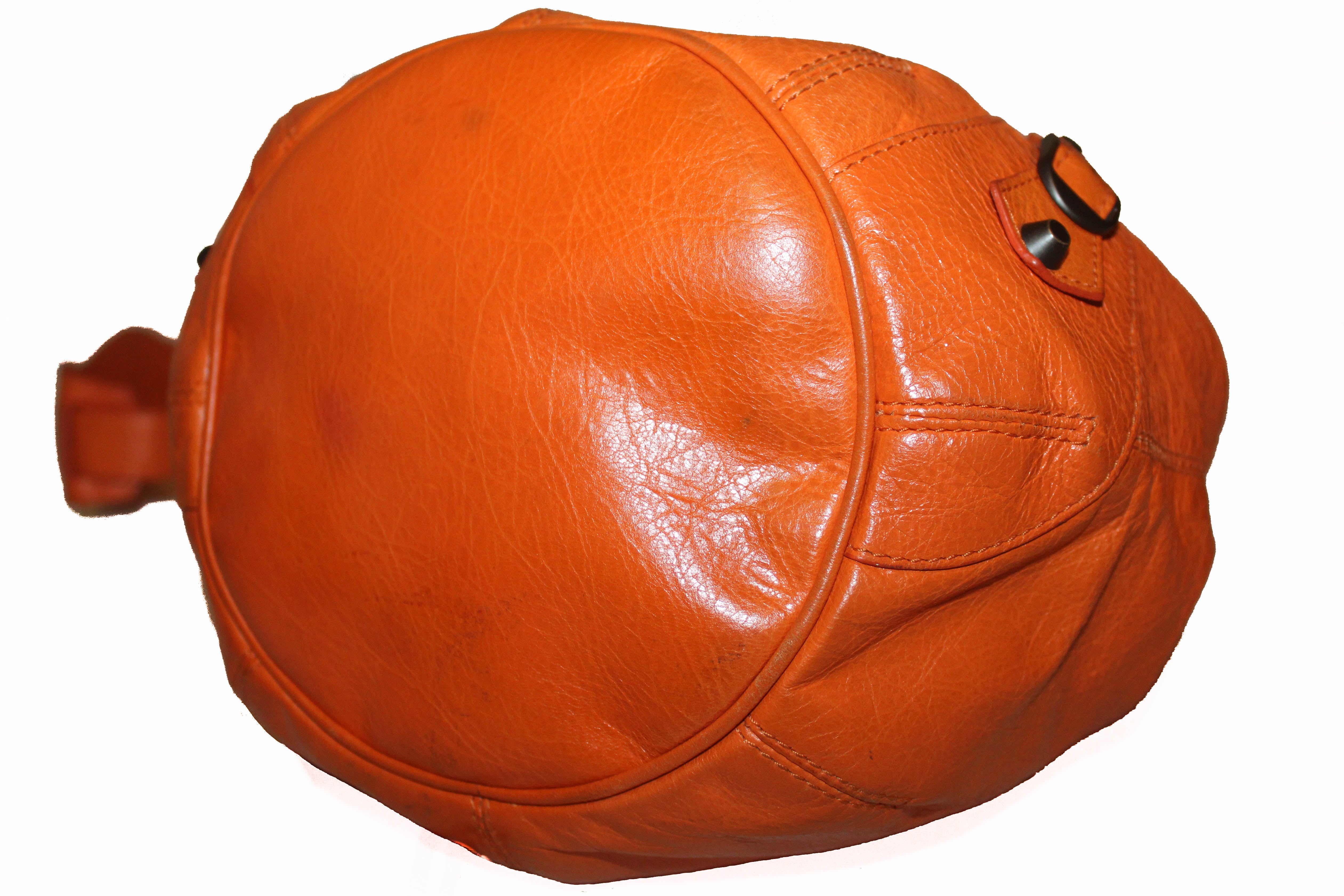 Authentic Balenciaga Orange Lambskin Leather Mini Pompon Bucket Crossbody