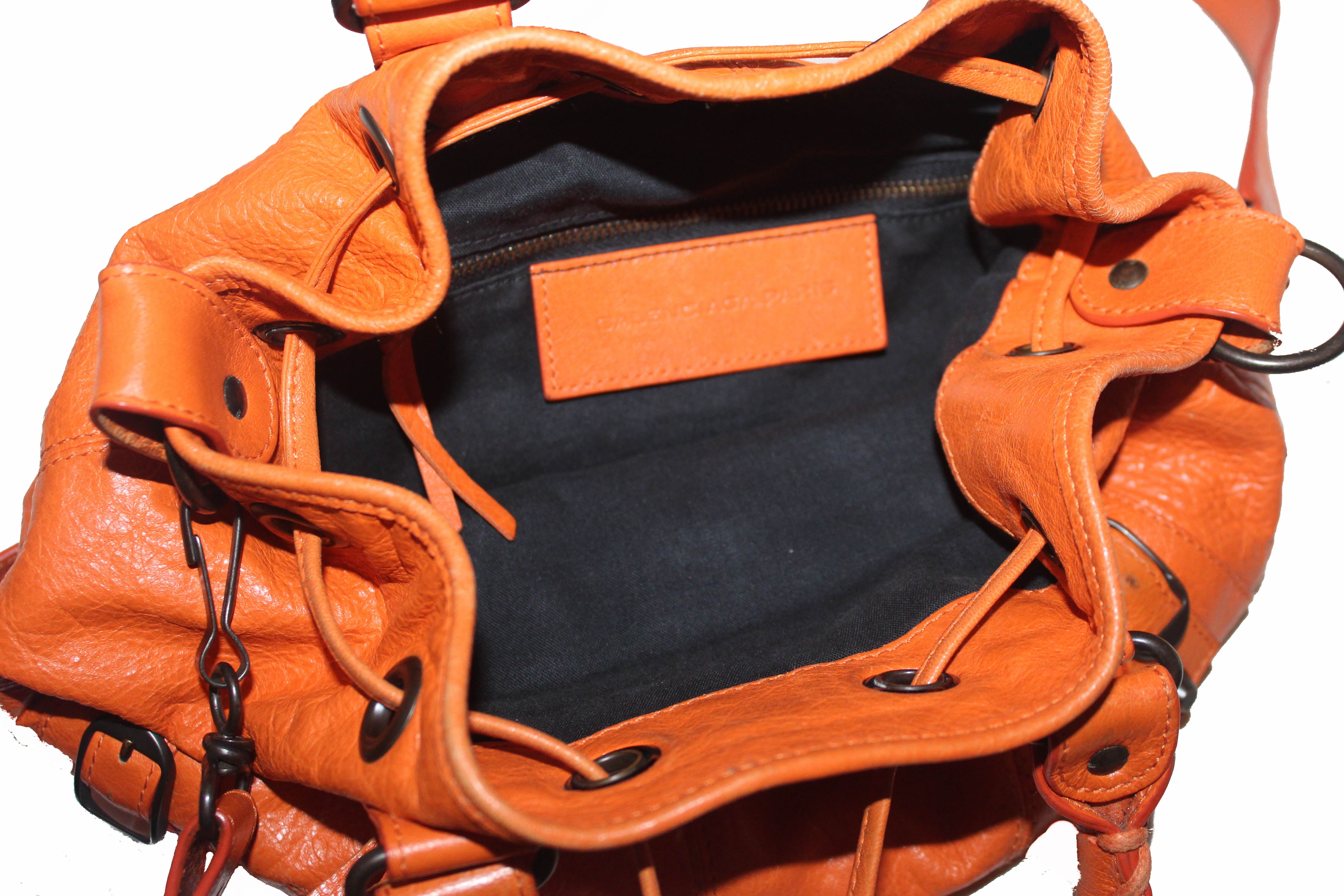 Authentic Balenciaga Orange Lambskin Leather Mini Pompon Bucket Crossbody