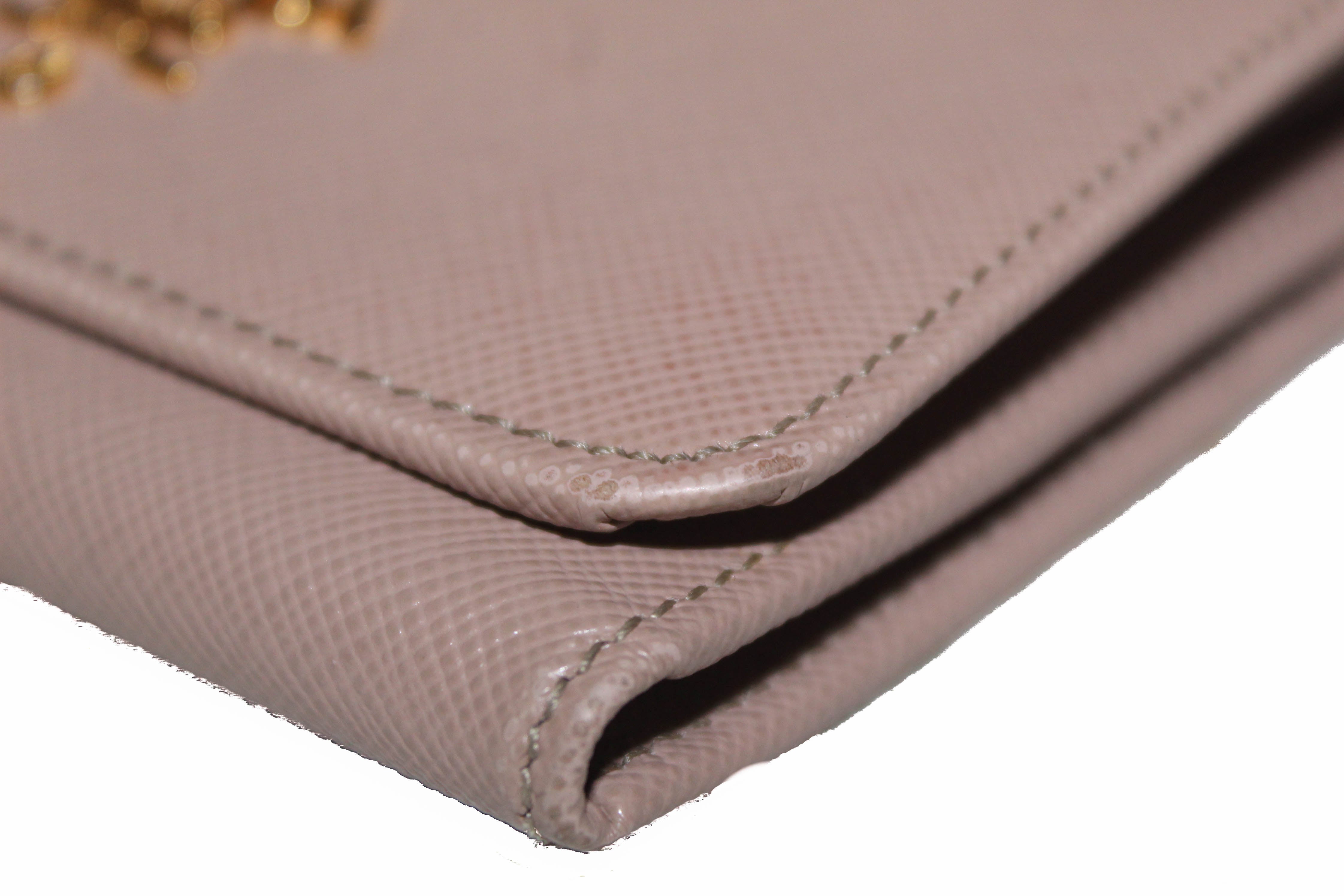 Authentic Prada Beige Saffiano Leather Tri-Fold Wallet