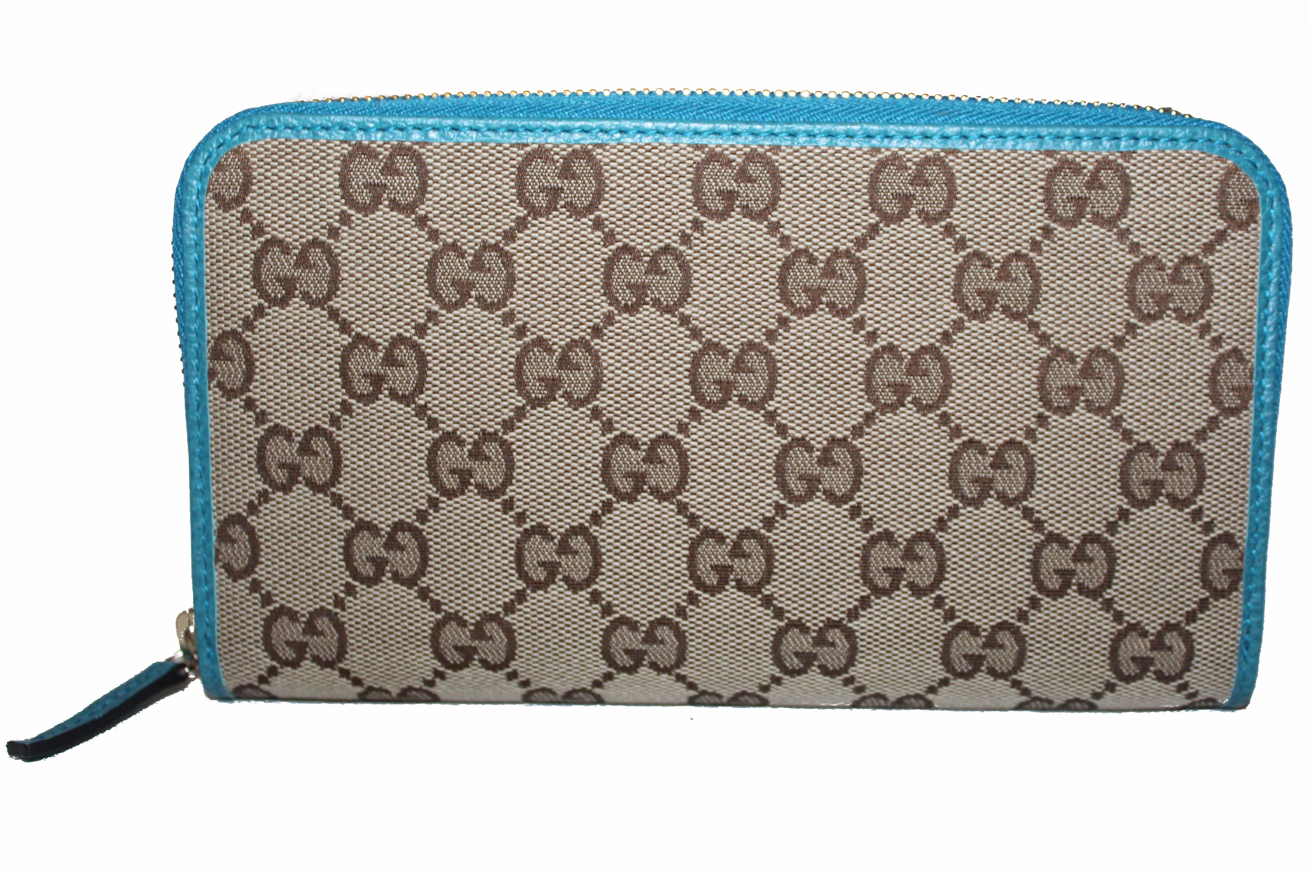 Authentic New Gucci Blue/Brown GG Fabric Canvas Zip Wallet