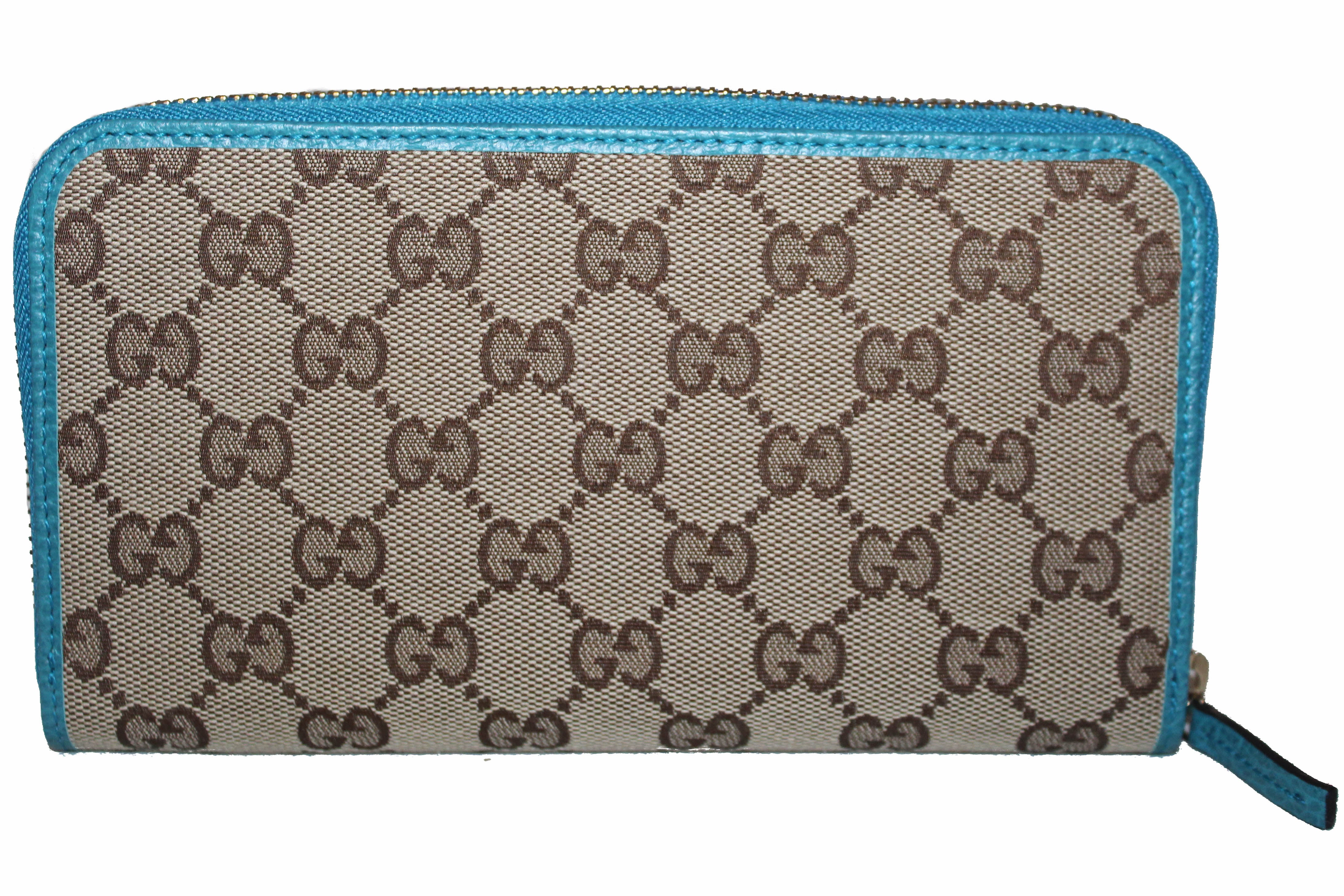 Authentic New Gucci Blue/Brown GG Fabric Canvas Zip Wallet