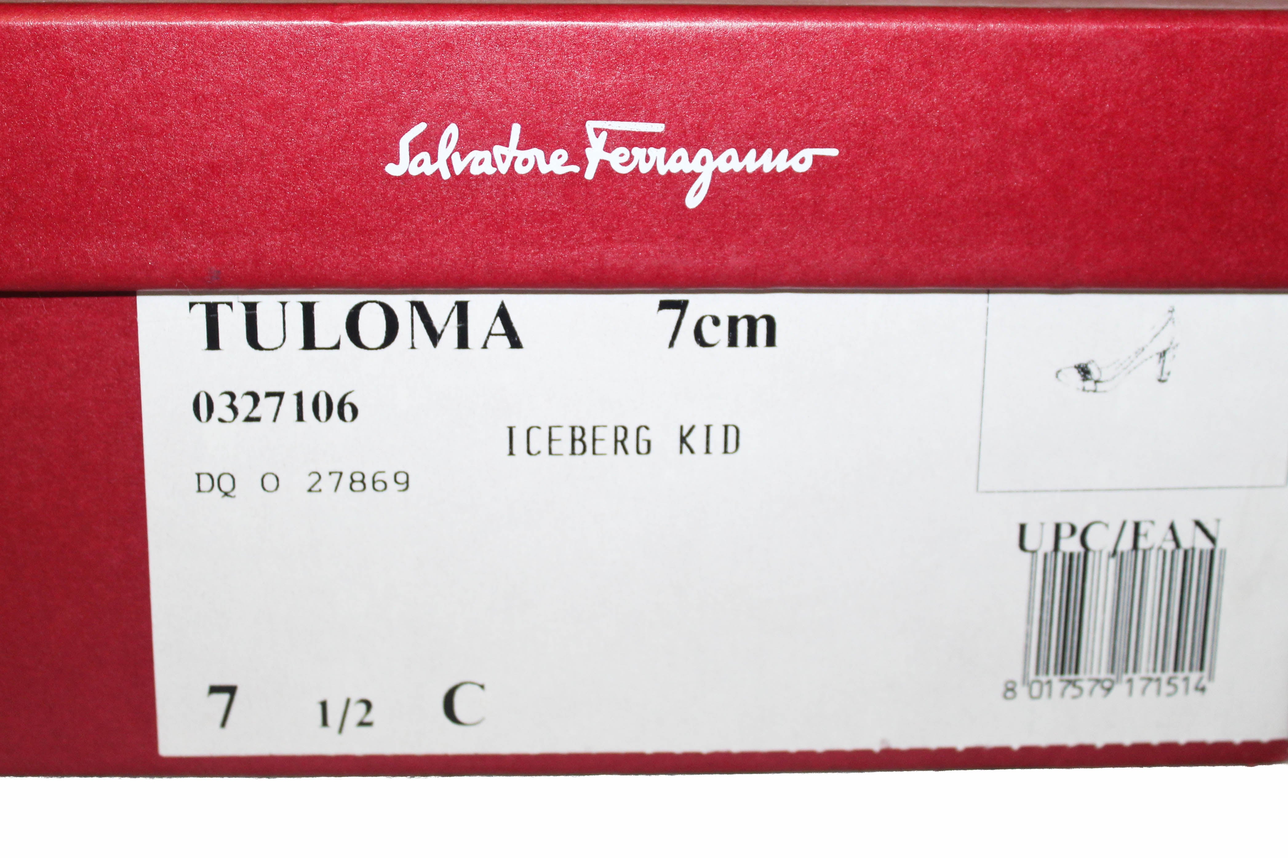 Authentic Salvatore Ferragamo Light Grey Calfskin "Tuloma" 7cm Size 7.5 C