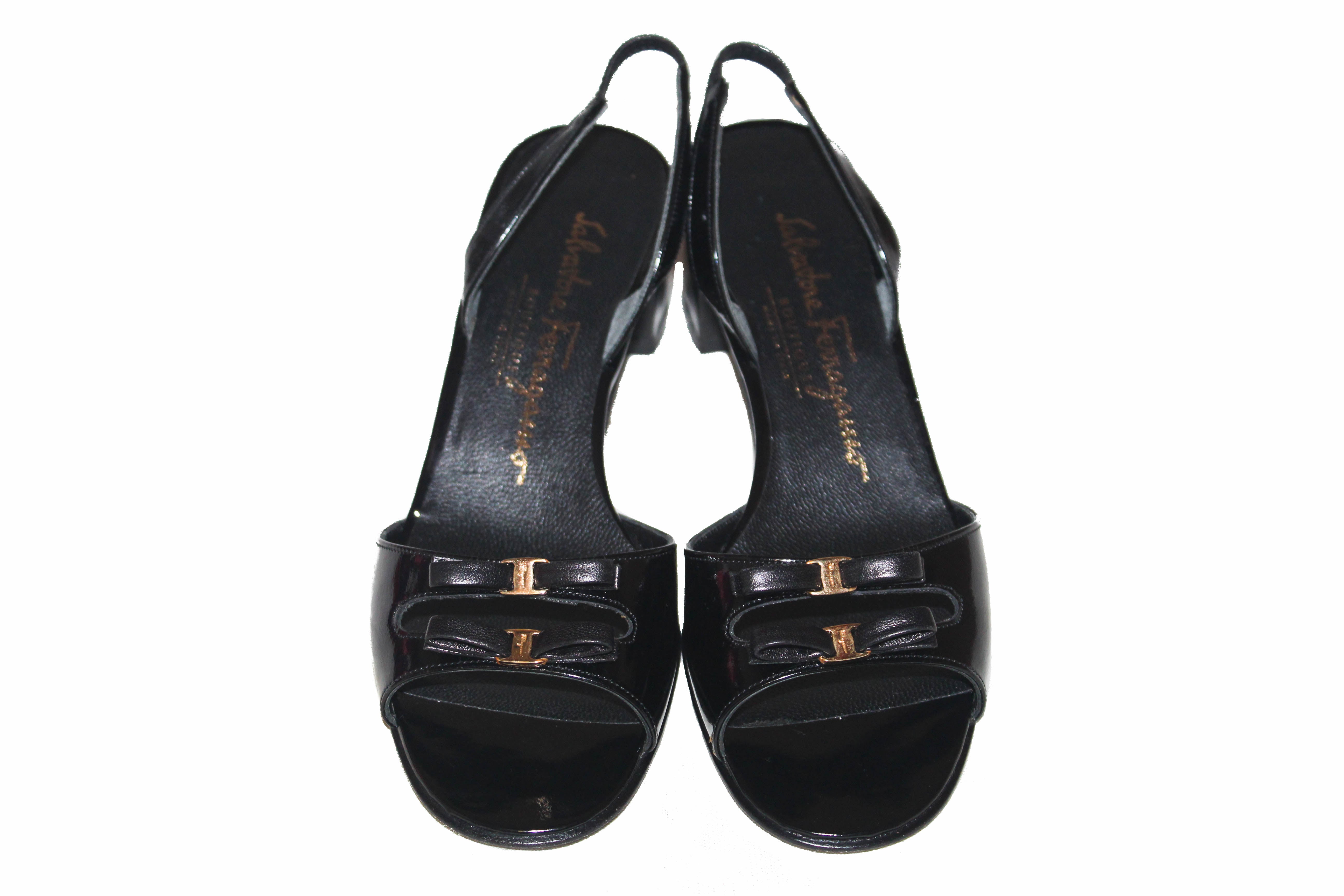 Authentic Salvatore Ferragamo Boutique Black Patent Leather Bow Slingback Sandal 5.5 B