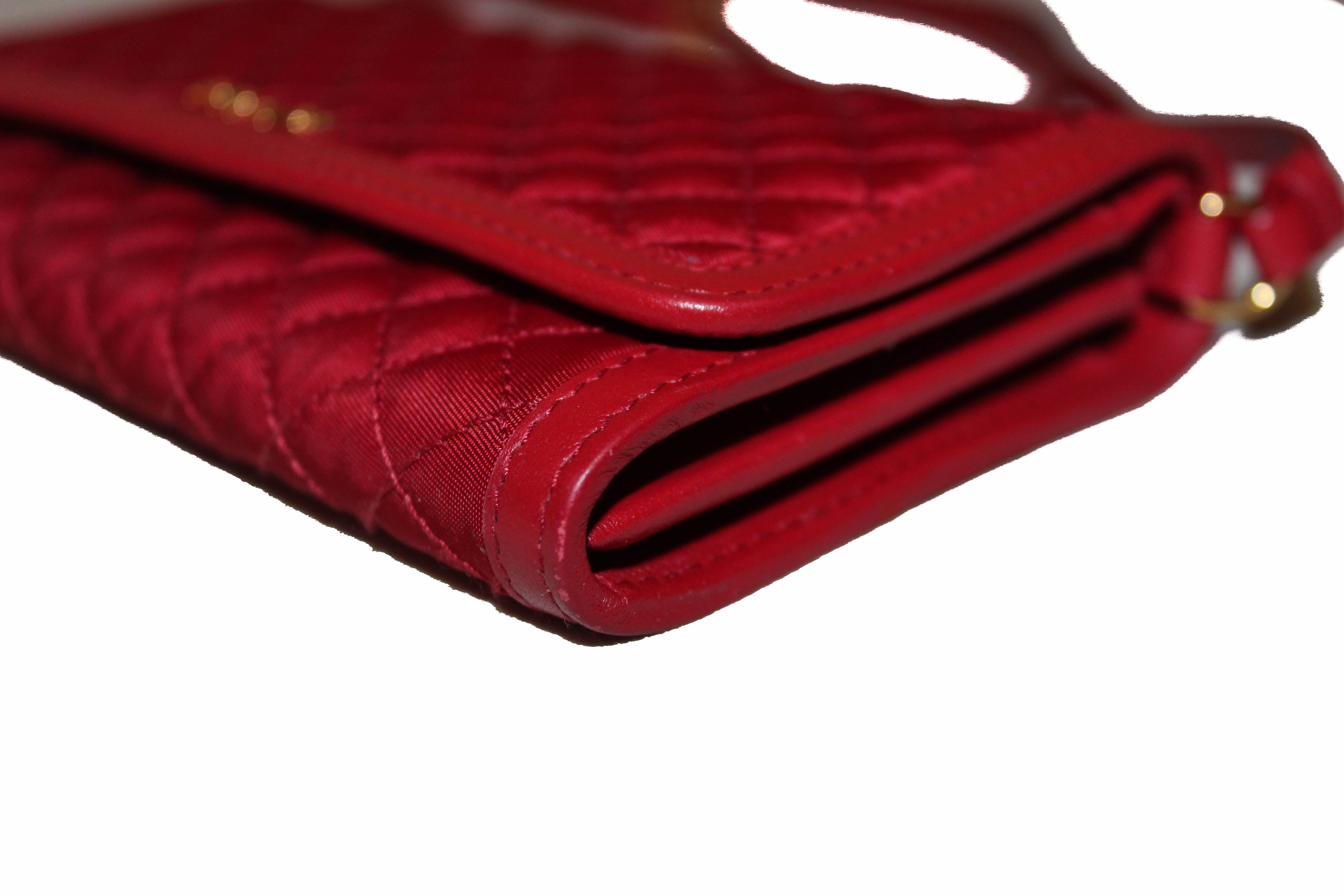Authentic Prada Red Quilted Nylon Small Wallet with Detachable Leather Strap