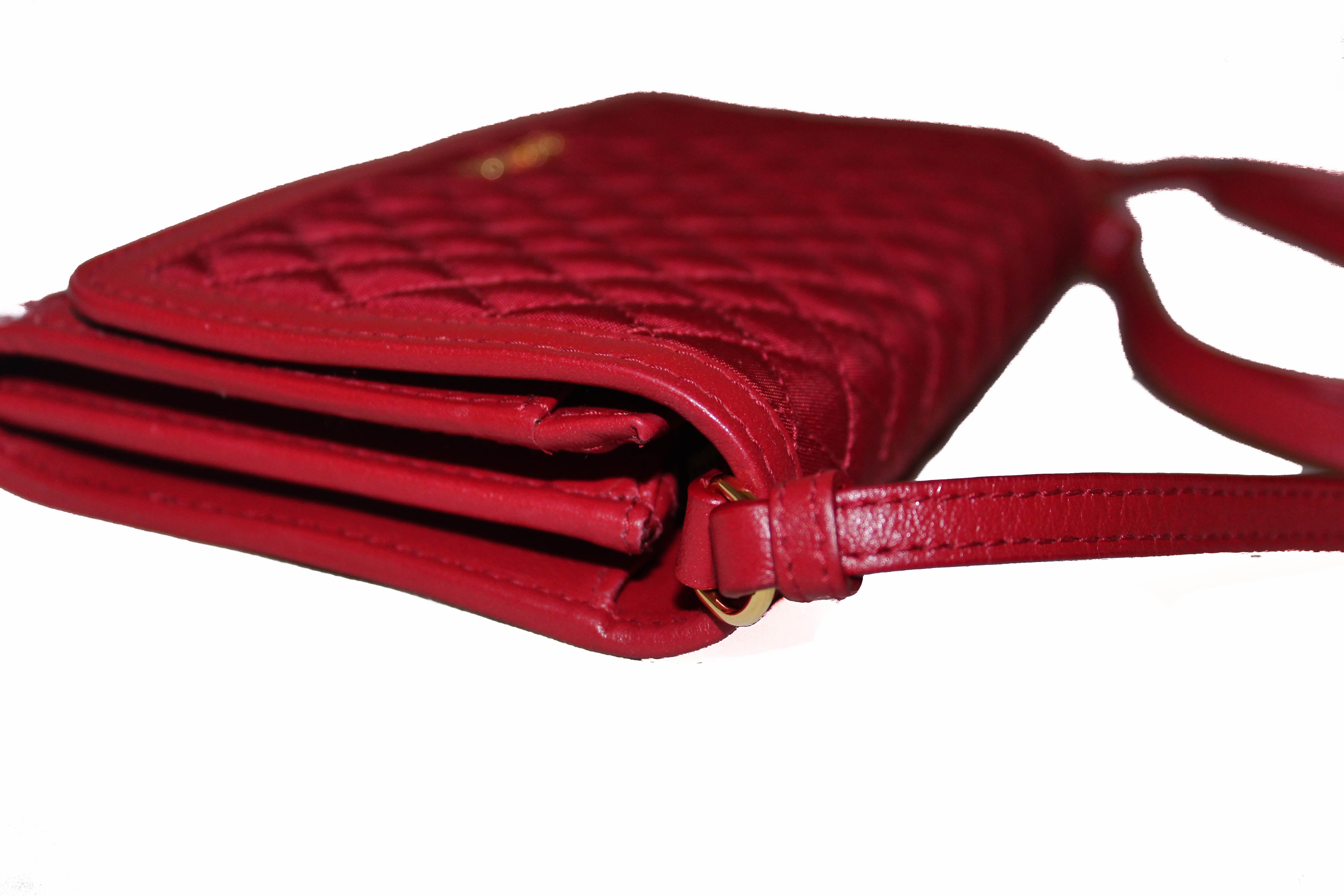 Authentic Prada Red Quilted Nylon Small Wallet with Detachable Leather Strap