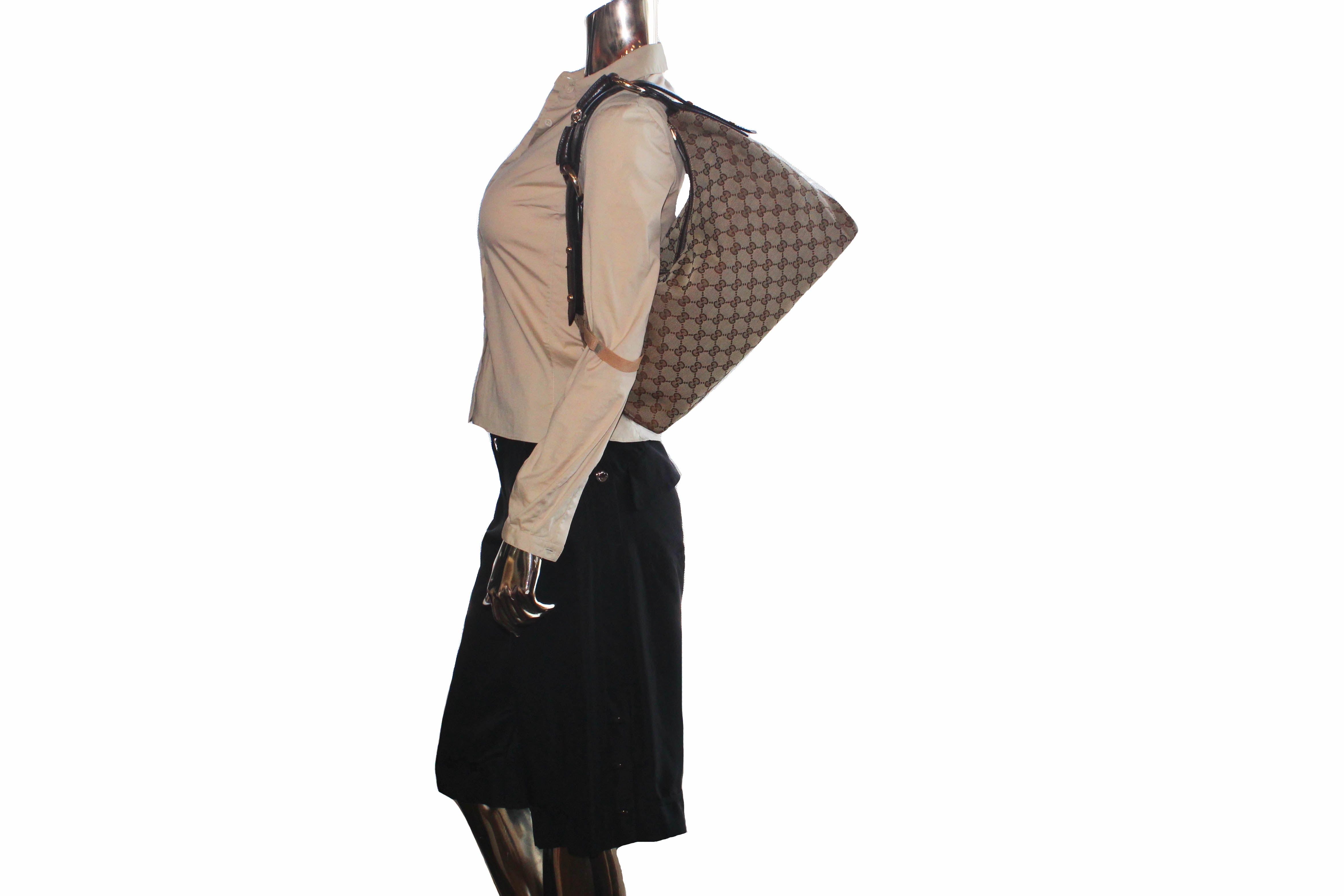 Authentic Gucci Brown GG with Brown Leather Horsebit Hobo Shoulder Bag