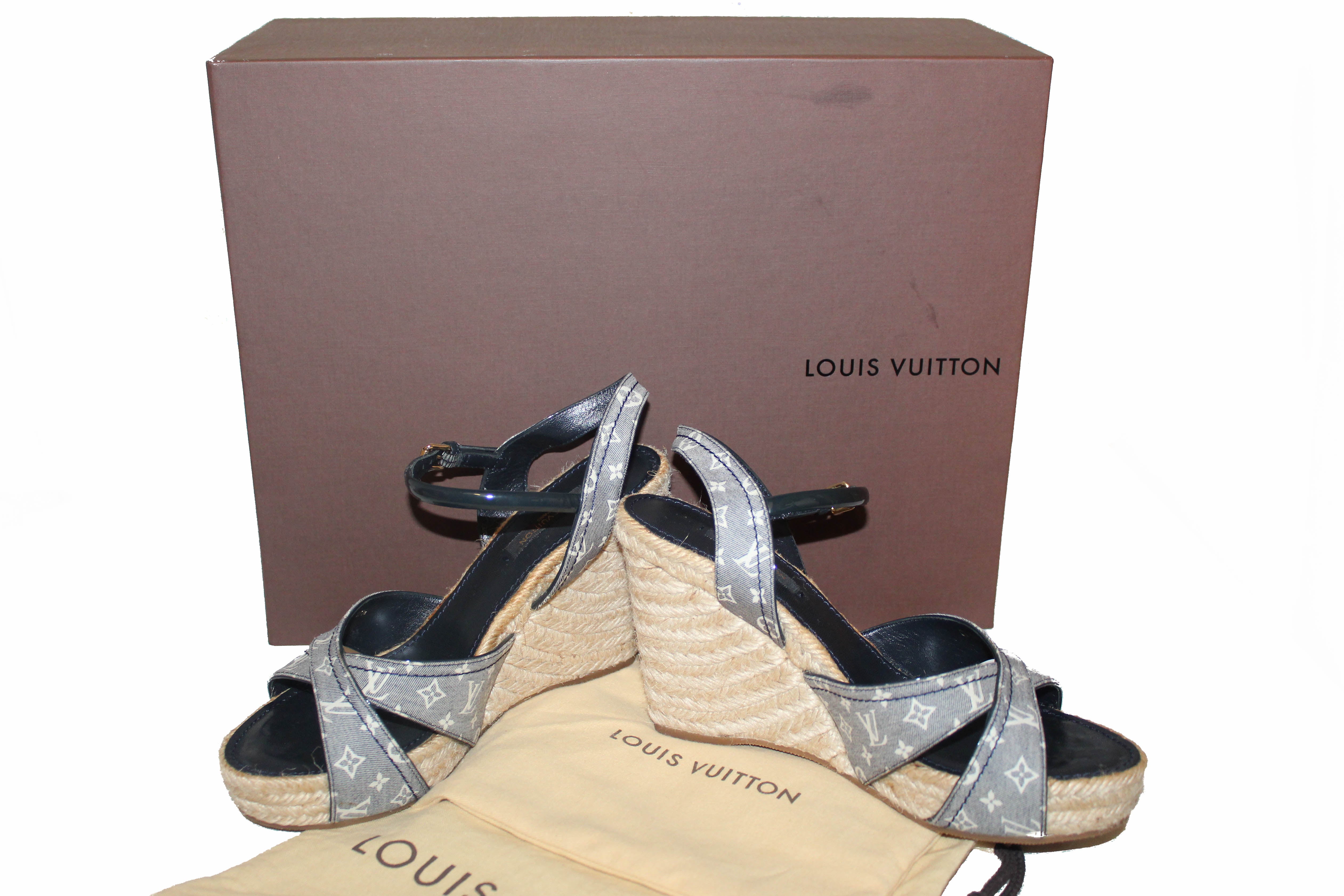 Authentic Louis Vuitton Navy Blue Monogram Mini Lin Espadrille Wedge Sandal 37.5
