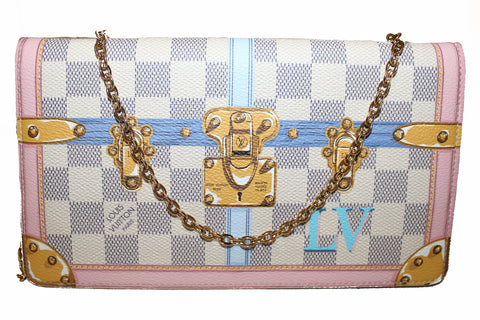 Authentic Louis Vuitton Damier Azur Canvas Trunks Weekend Pochette with Gold Chain Strap Shoulder Bag