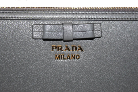 Authentic Prada Grey Women's Bow Detail Continental Leather Wallet