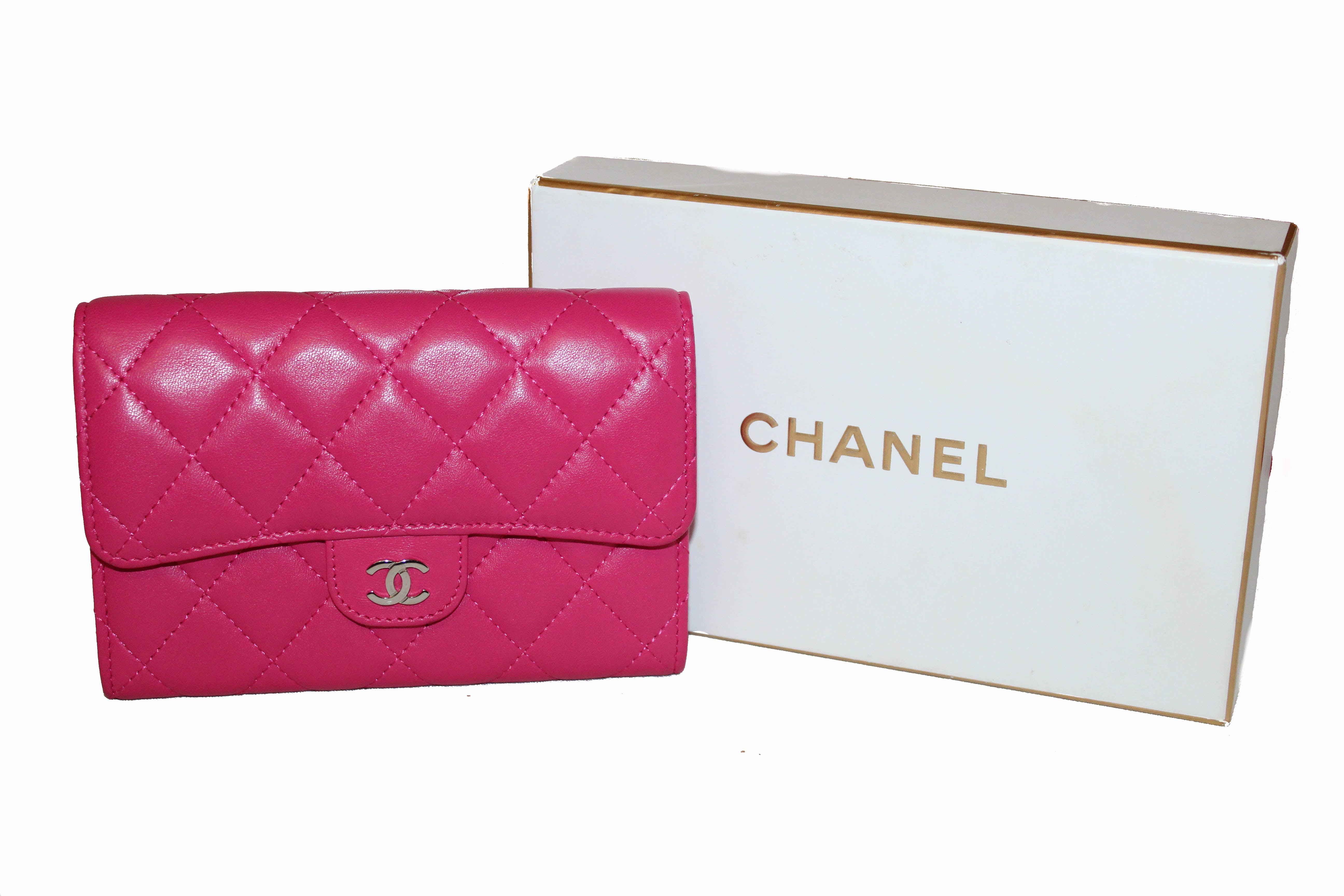 Authentic Chanel Pink Quilted Lambskin Leather Classic Flap Wallet