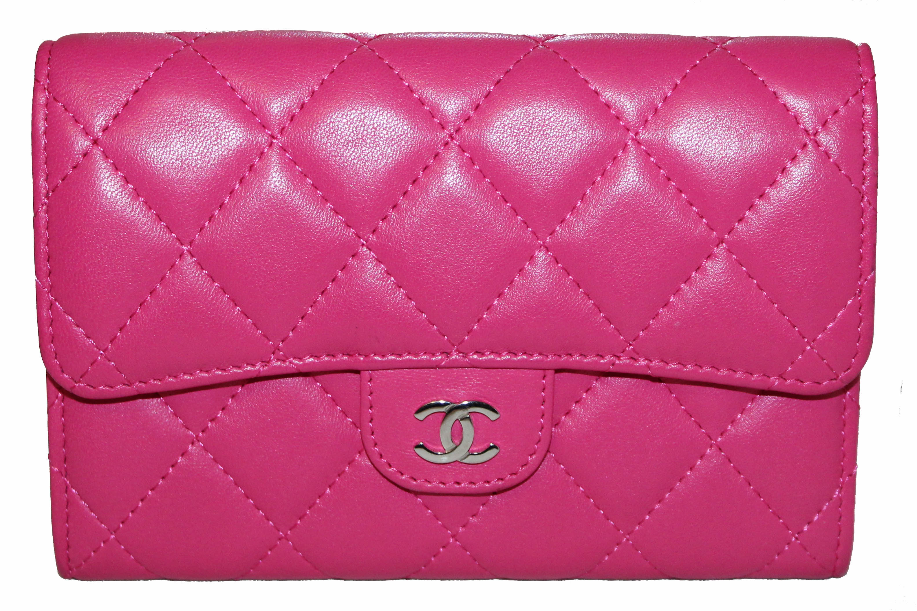Guaranteed Authentic Chanel CC Quilted Compact Flap Trifold Wallet Fuchsia  Dark Pink