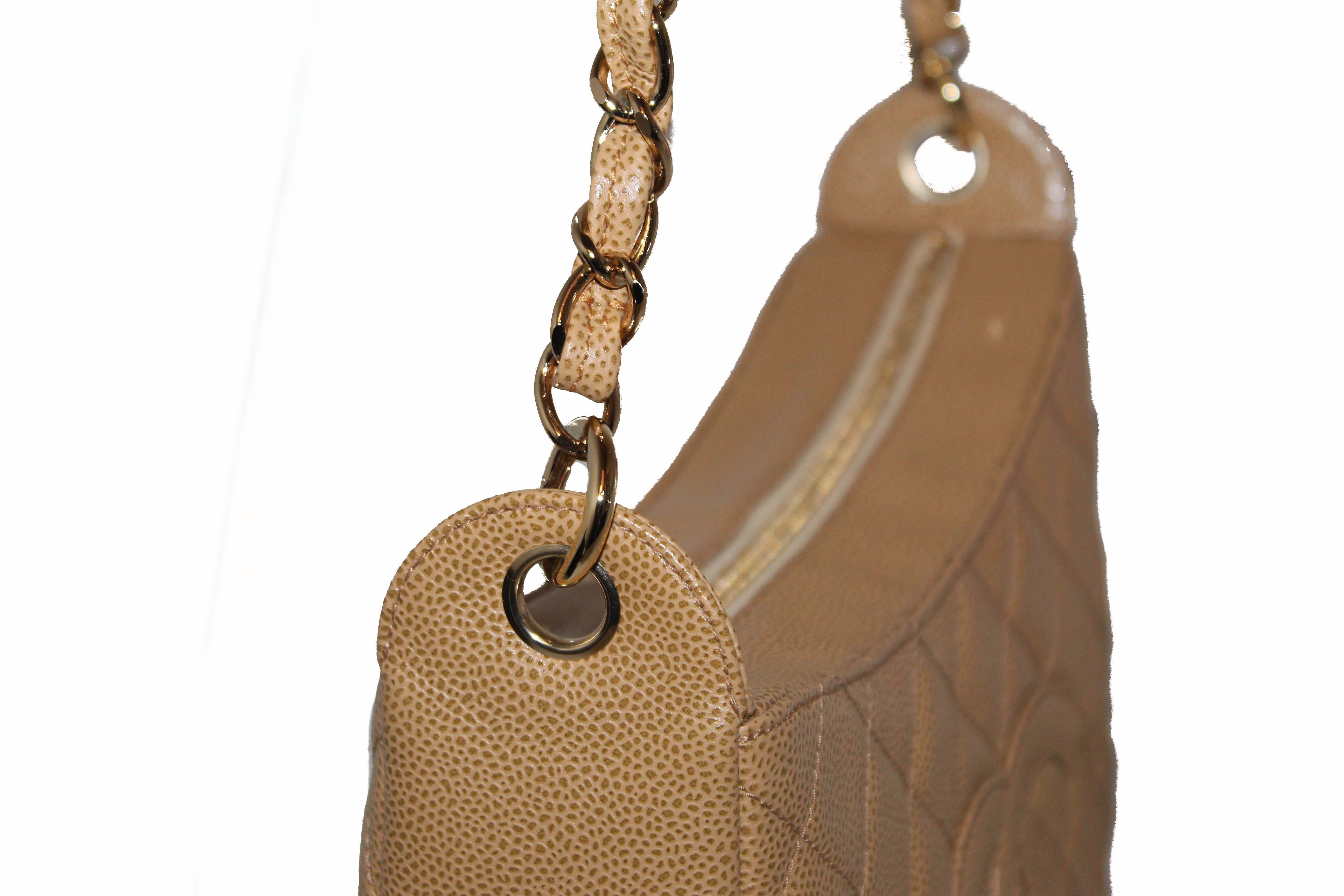 NEW Authentic Chanel Beige Quilted Caviar Leather Hobo Shoulder Bag