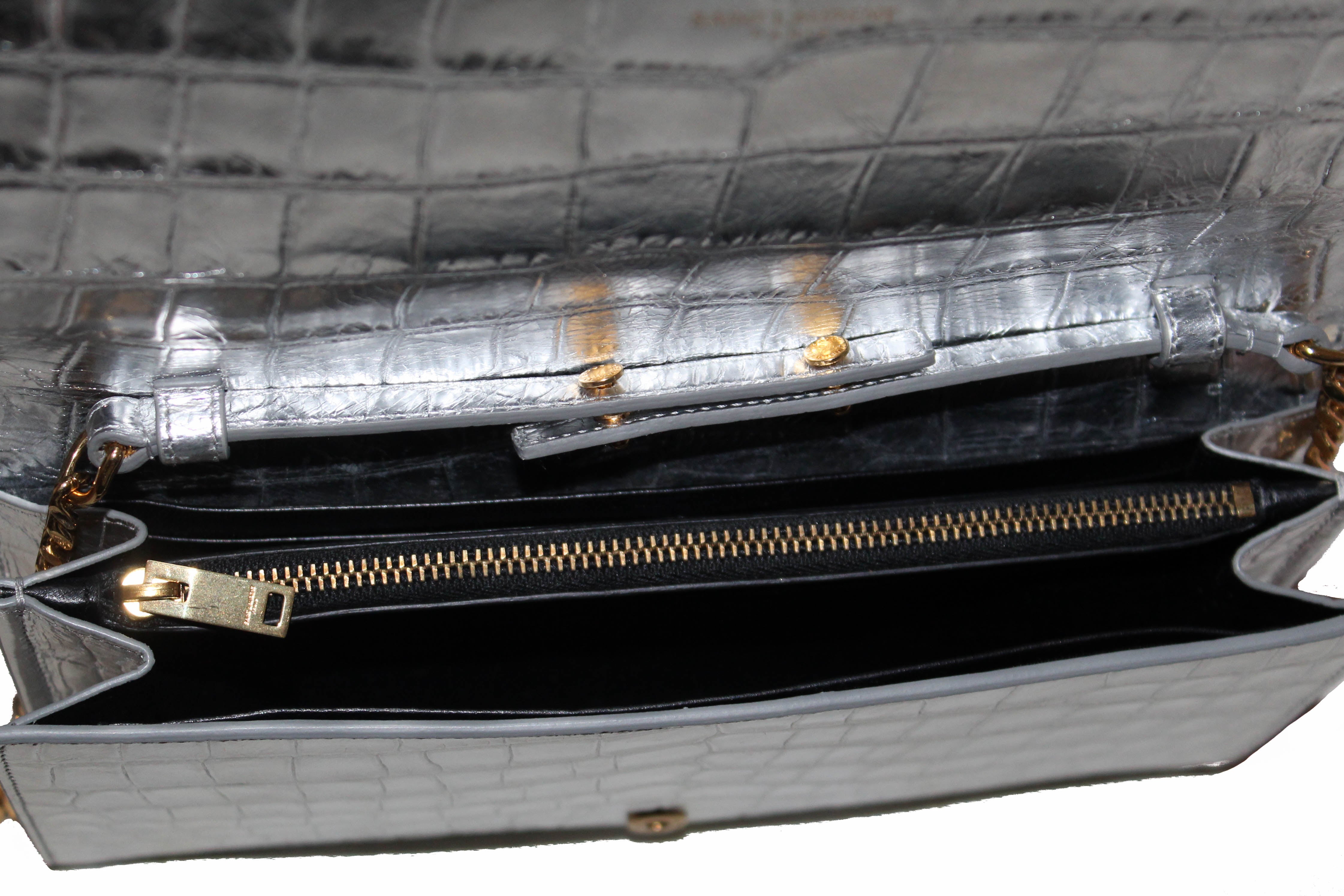 Crocodile Ysl Black And Silver Clutch Authentic Yves Saint Laurent