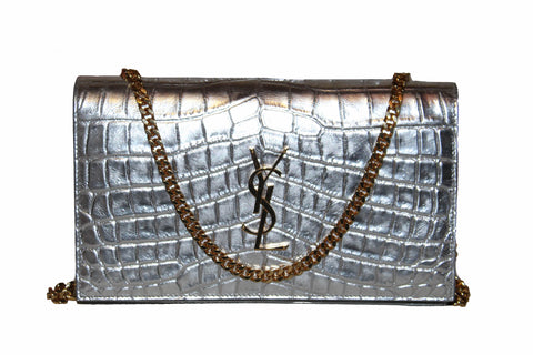 Authentic Yves Saint Laurent YSL Shiny Silver Crocodile Embossed Wallet On Chain/Clutch