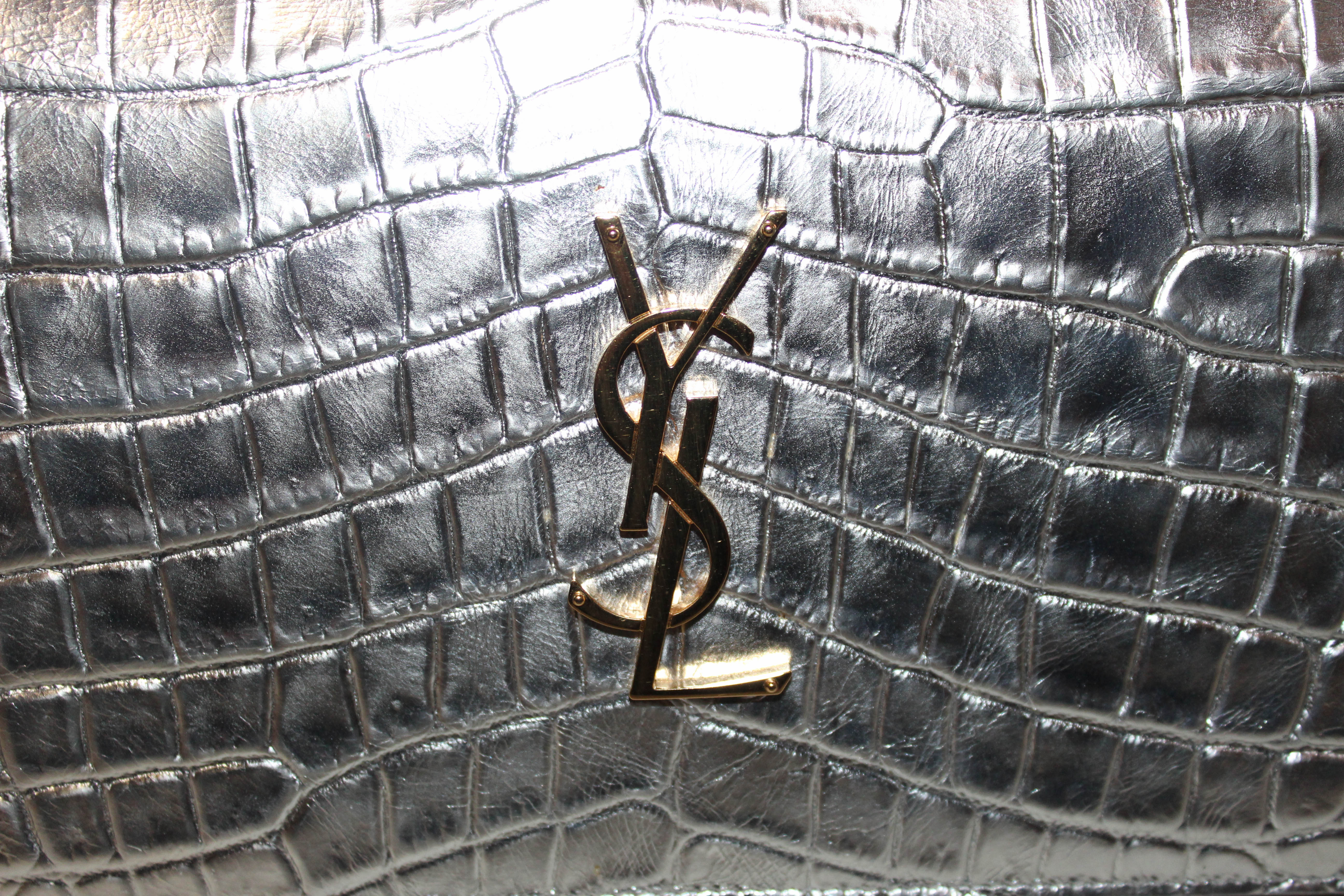Authentic Yves Saint Laurent YSL Shiny Silver Crocodile Embossed Wallet On Chain/Clutch
