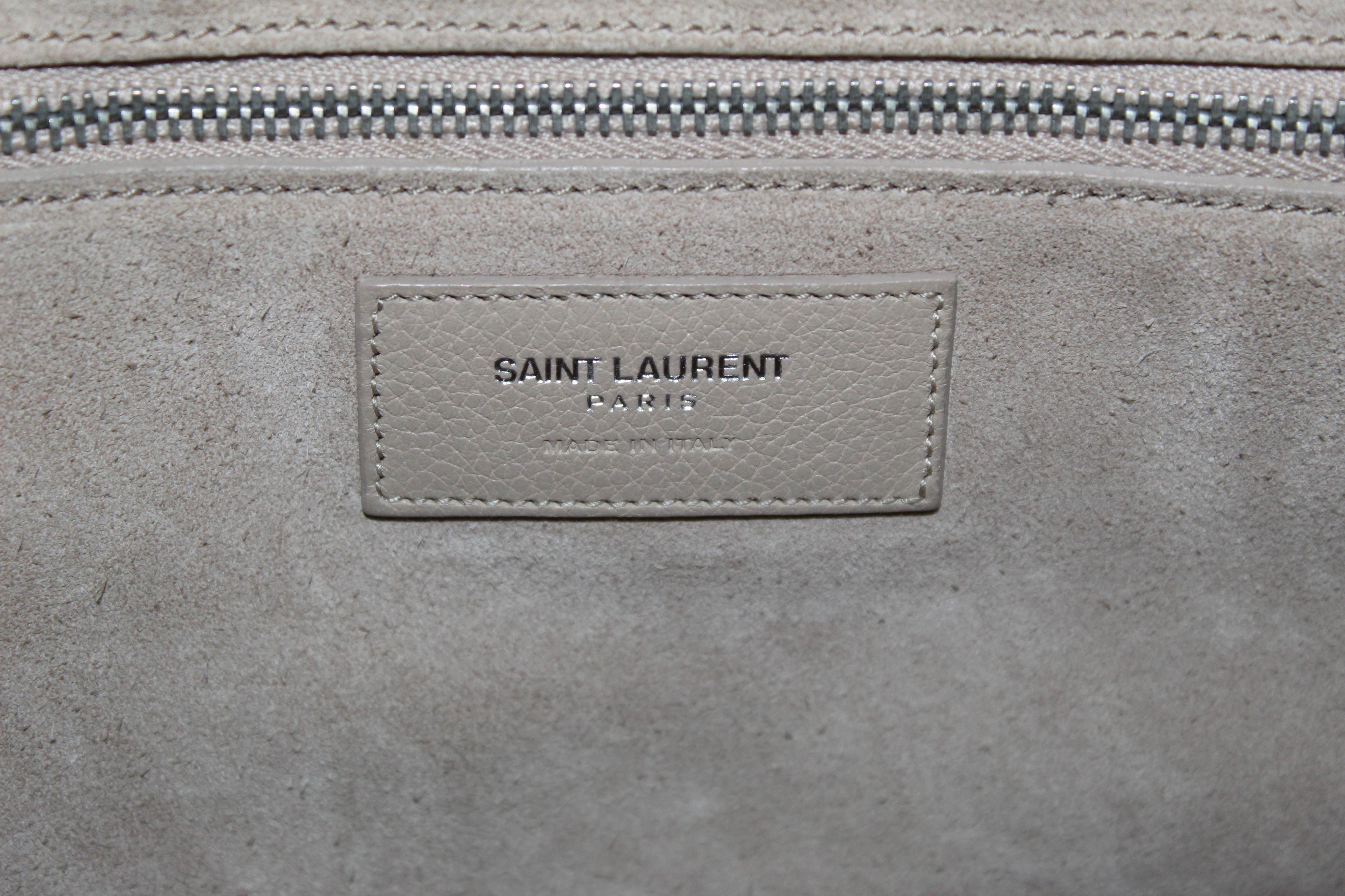 Authentic Yves Saint Laurent YSL Beige Grained Calfskin Cabas Rive Gauche Small Tote Shoulder Bag