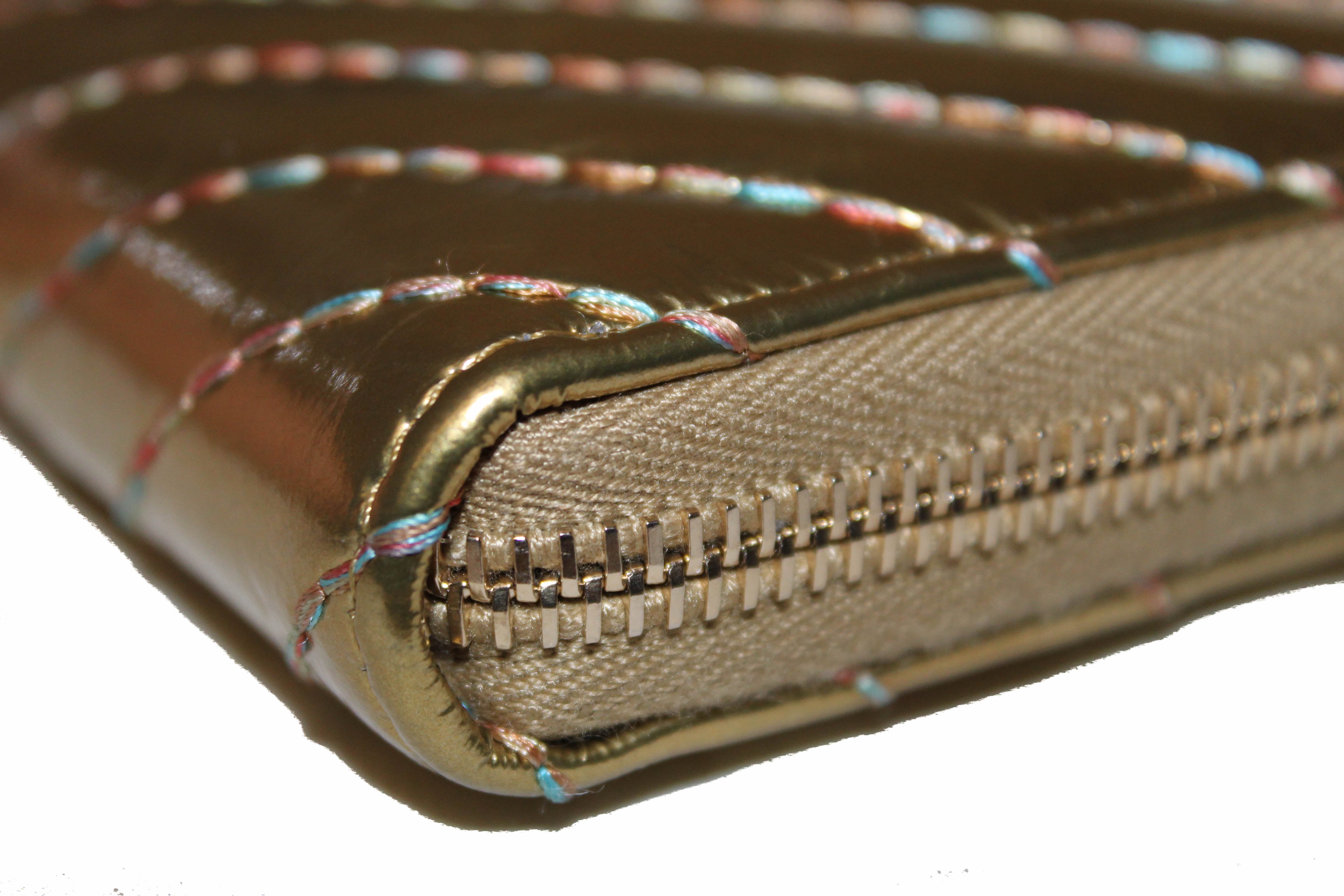 Authentic Chanel Metallic Gold Chevron Quilted Zip Wallet