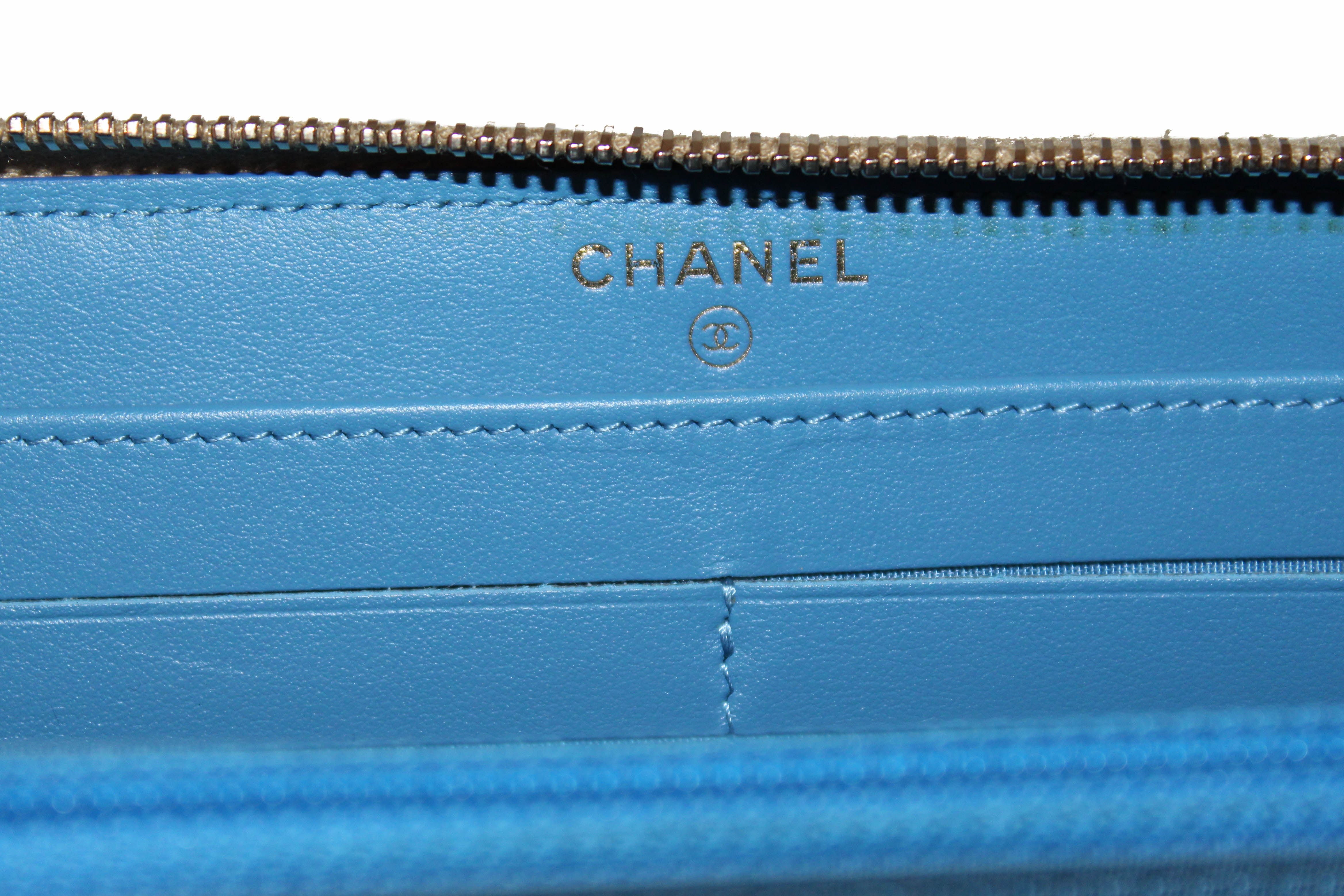 Authentic Chanel Metallic Gold Chevron Quilted Zip Wallet
