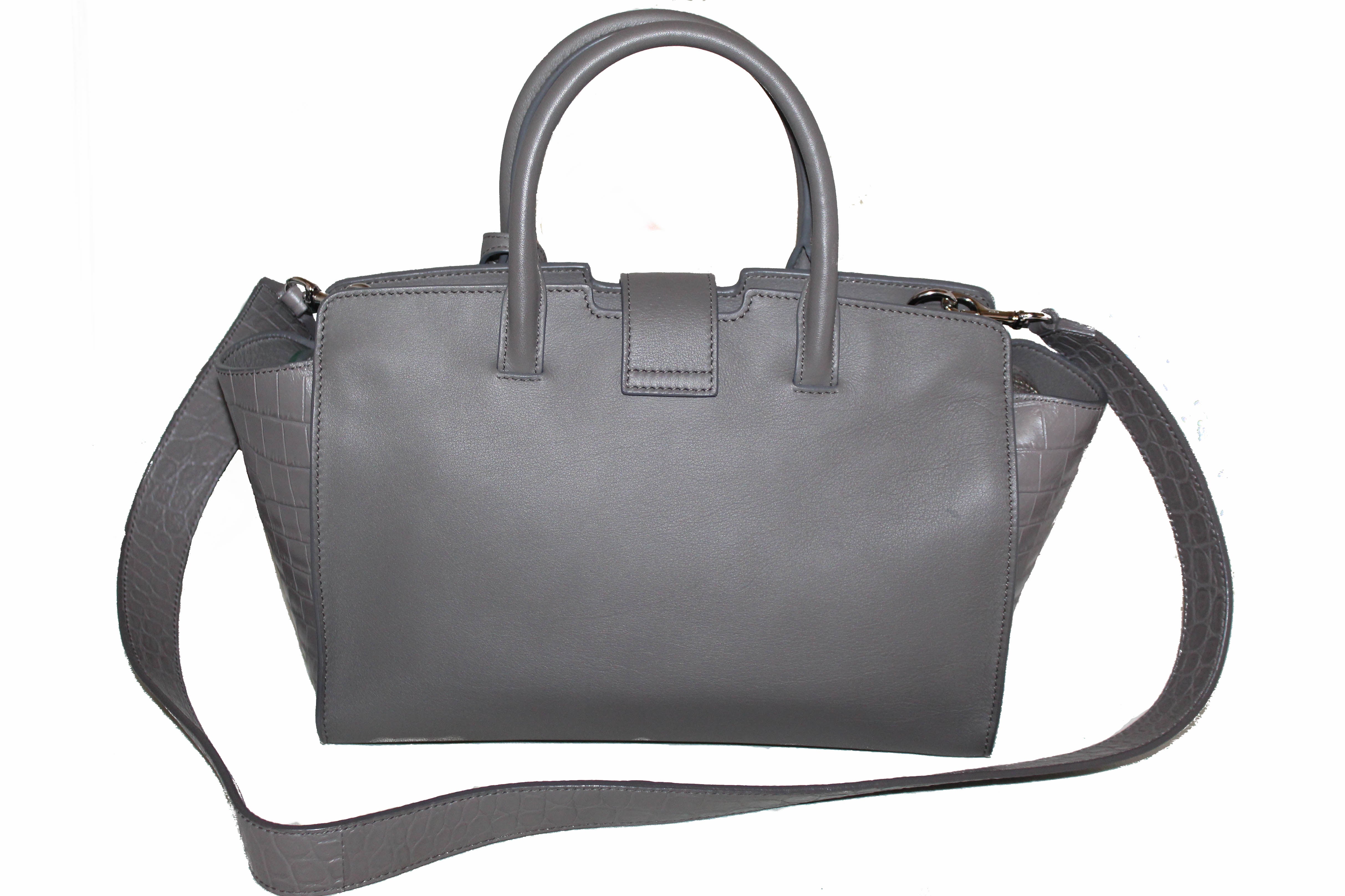 Authentic Yves Saint Laurent YSL Grey Downtown Baby Cabas in Smooth and Crocodile Embossed Leather Bag