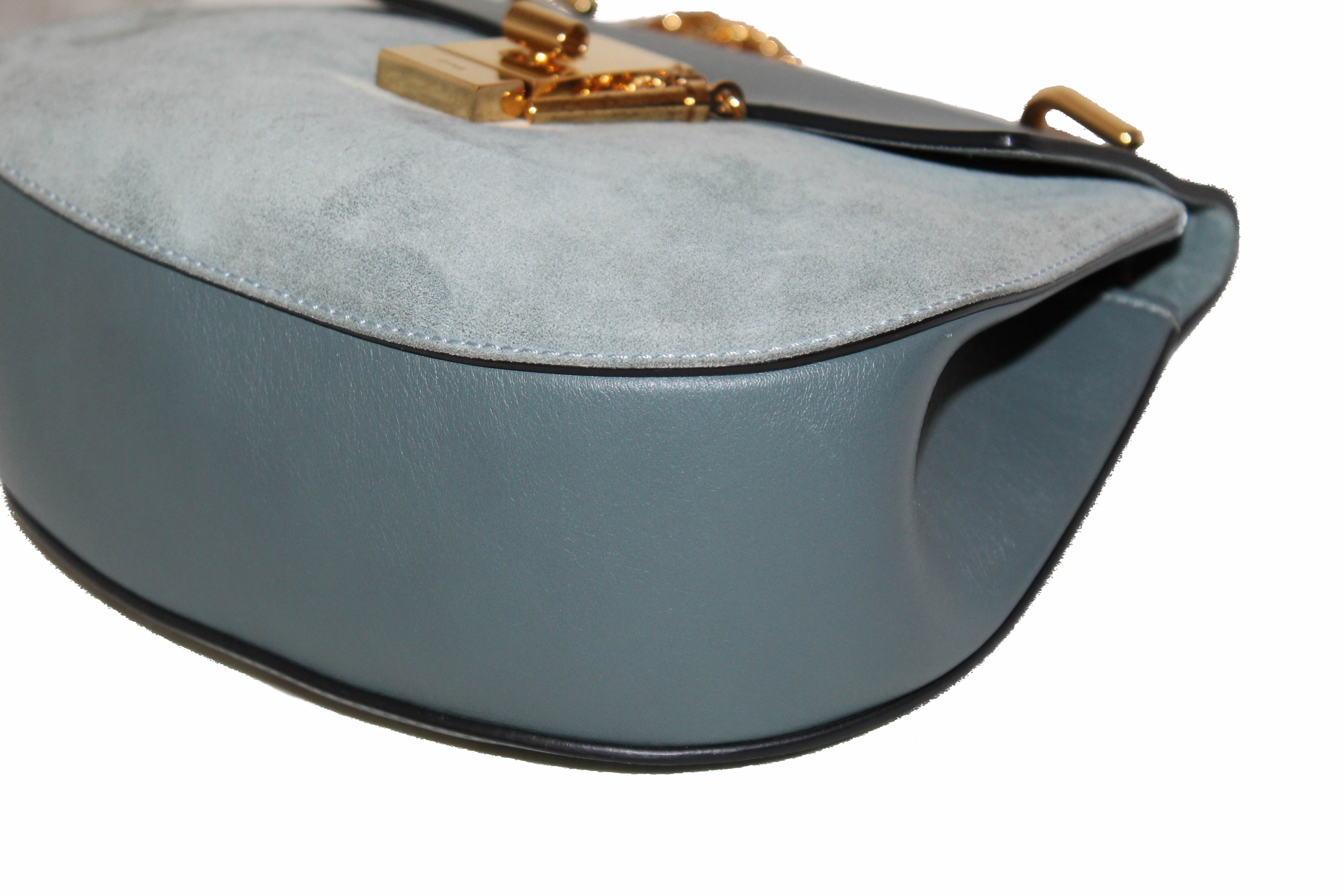 Authentic Chloe Drew Blue Smooth Calfskin & Suede Leather Crossbody Bag