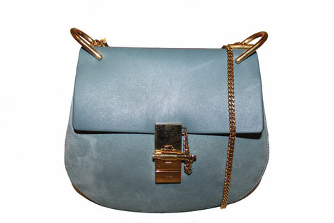 Authentic Chloe Drew Blue Smooth Calfskin & Suede Leather Crossbody Bag