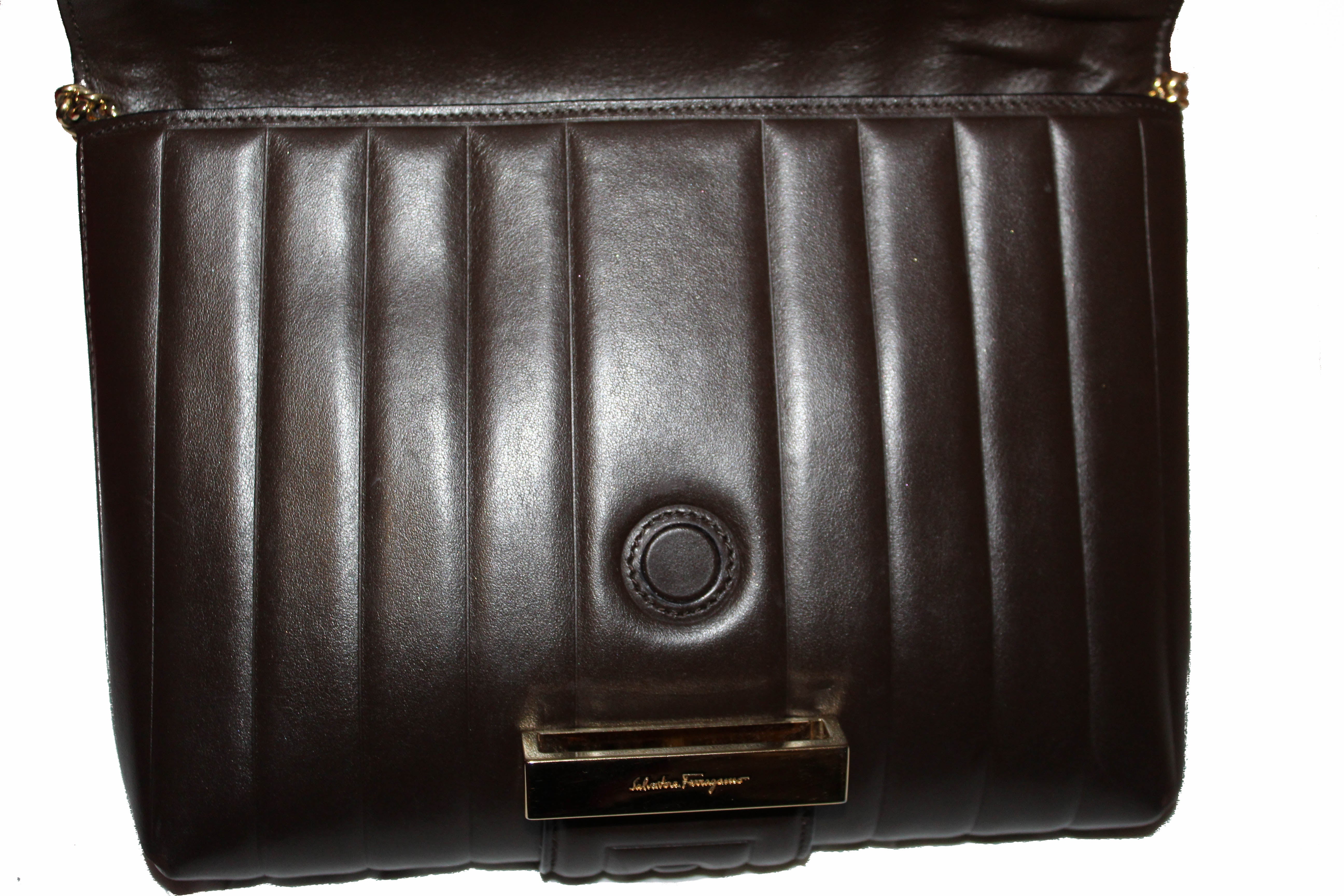 Authentic Salvatore Ferragamo Dark Brown Quilted Leather Clutch/Shoulder Bag