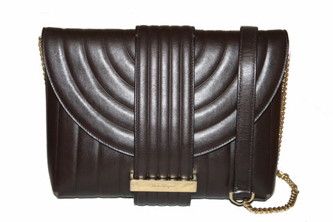 Authentic Salvatore Ferragamo Dark Brown Quilted Leather Clutch/Shoulder Bag